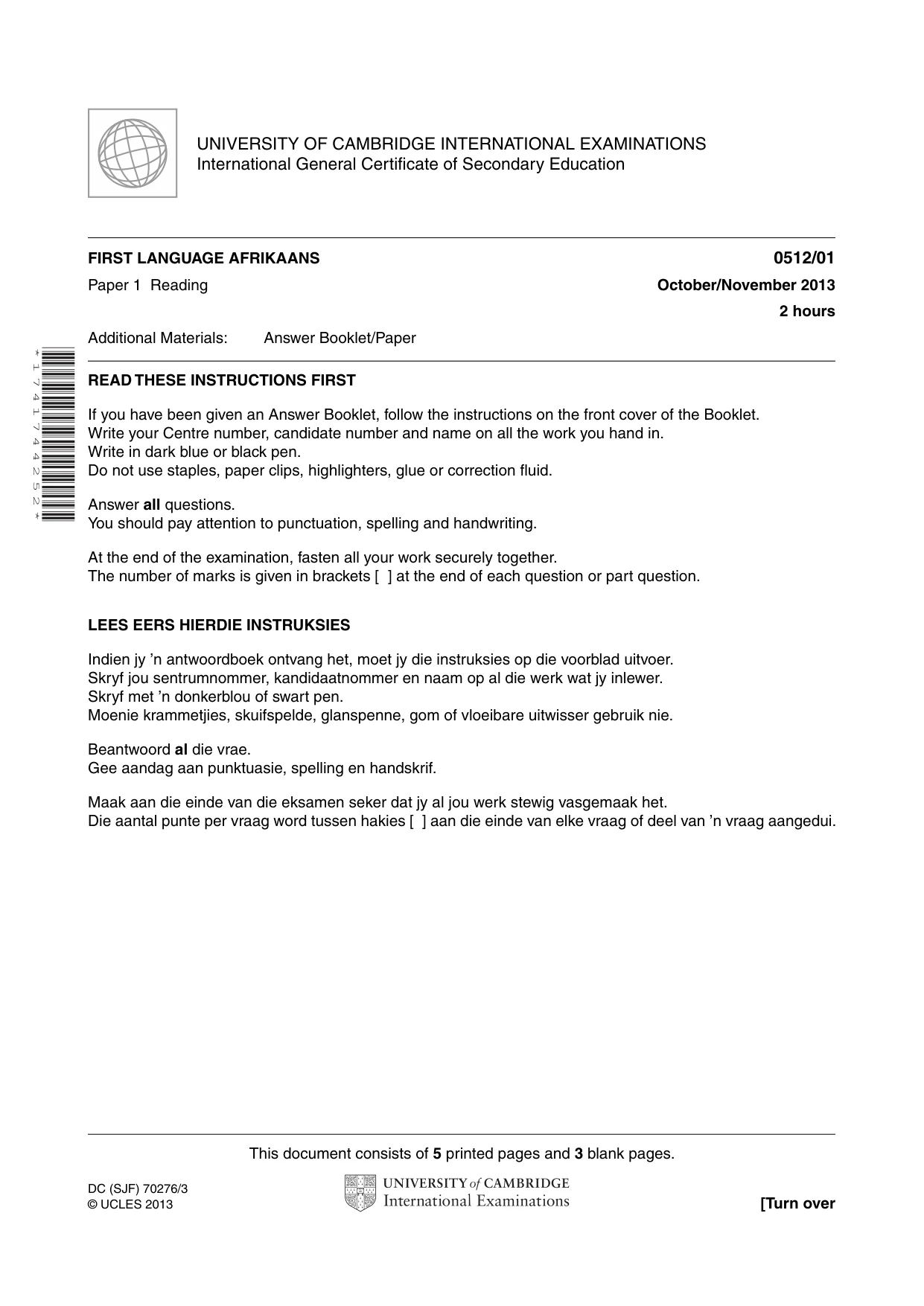 Cambridge IGCSE Afrikaans - First Language 0512 2013 Oct/Nov Paper 1 · Variant 1 question paper, page 1 of 8