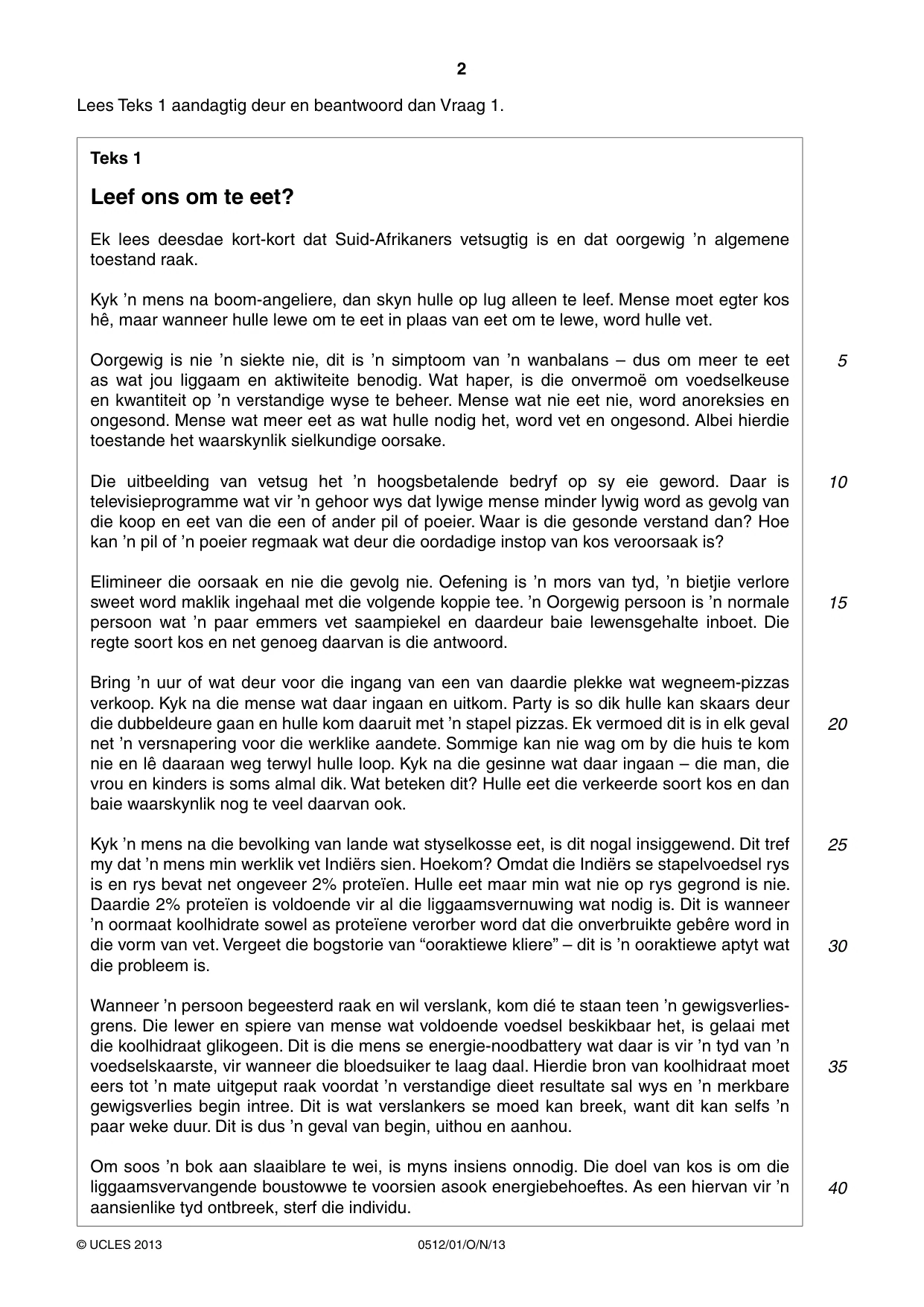 Cambridge IGCSE Afrikaans - First Language 0512 2013 Oct/Nov Paper 1 · Variant 1 question paper, page 2 of 8