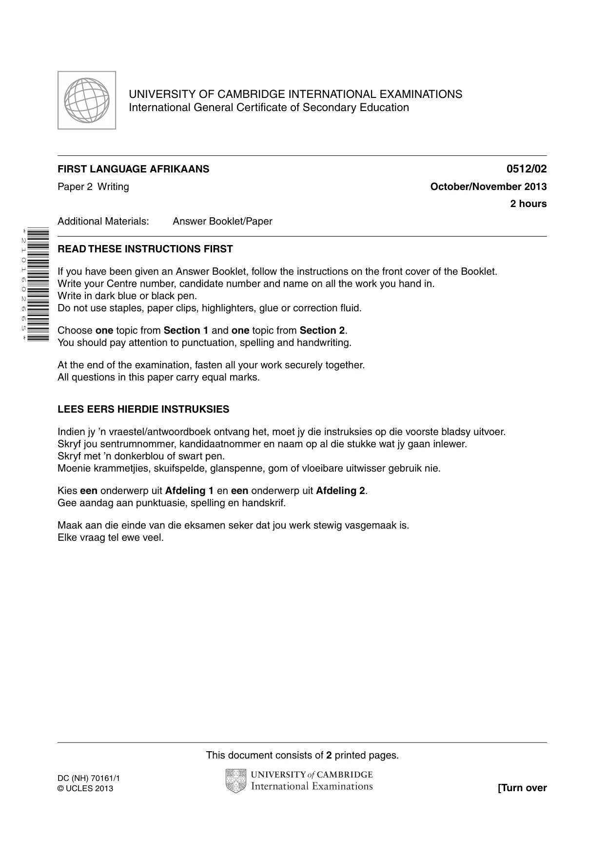Cambridge IGCSE Afrikaans - First Language 0512 2013 Oct/Nov Paper 2 · Variant 1 question paper, page 1 of 2