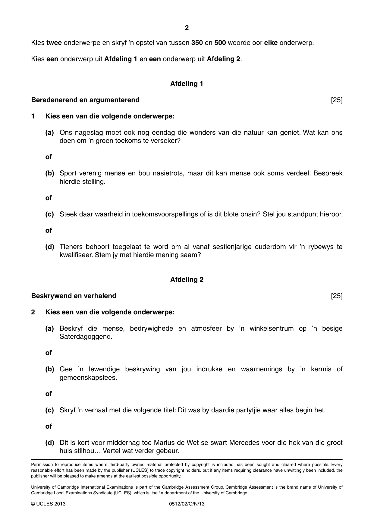Cambridge IGCSE Afrikaans - First Language 0512 2013 Oct/Nov Paper 2 · Variant 1 question paper, page 2 of 2