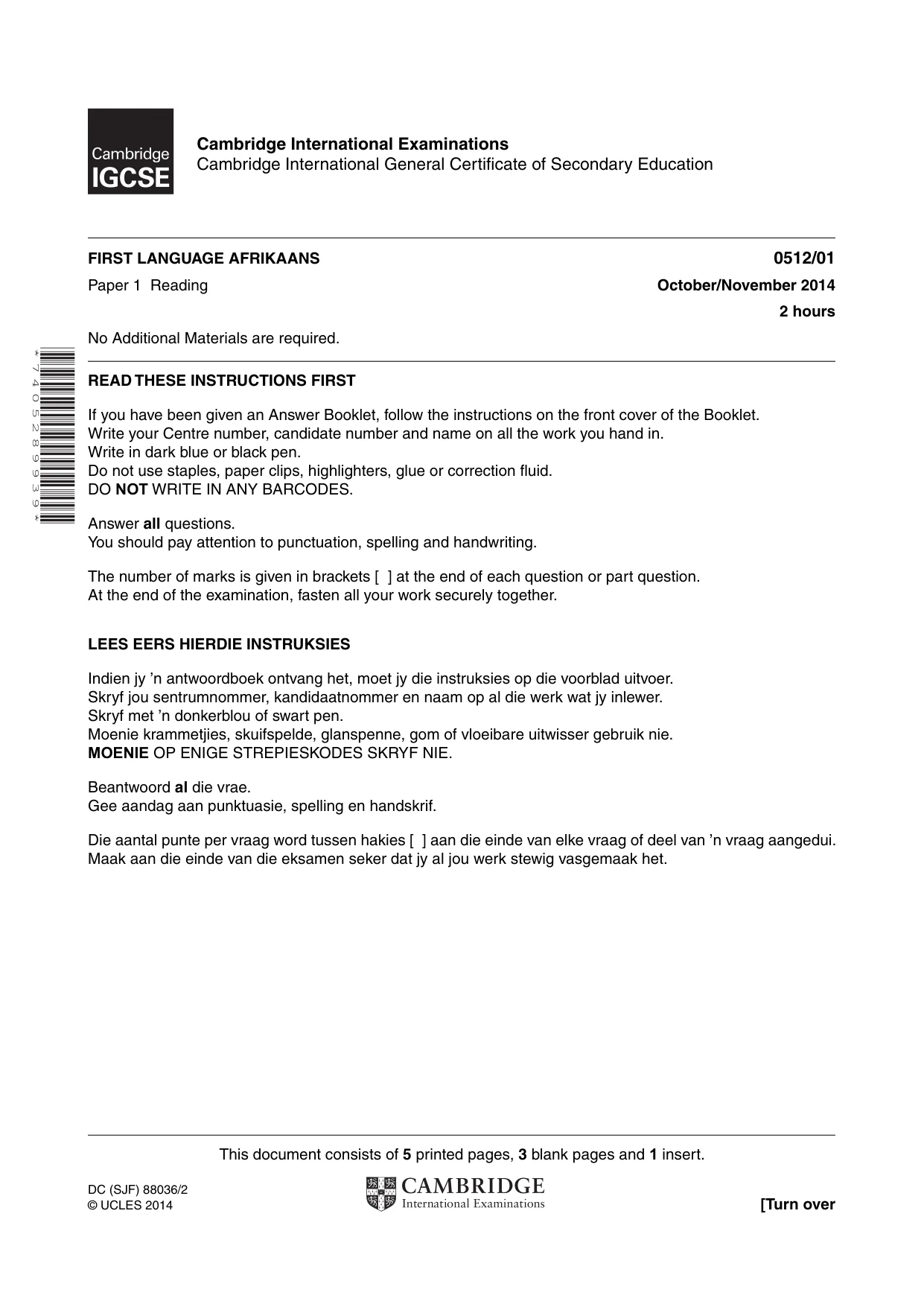 Cambridge IGCSE Afrikaans - First Language 0512 2014 Oct/Nov Paper 1 · Variant 1 question paper, page 1 of 8