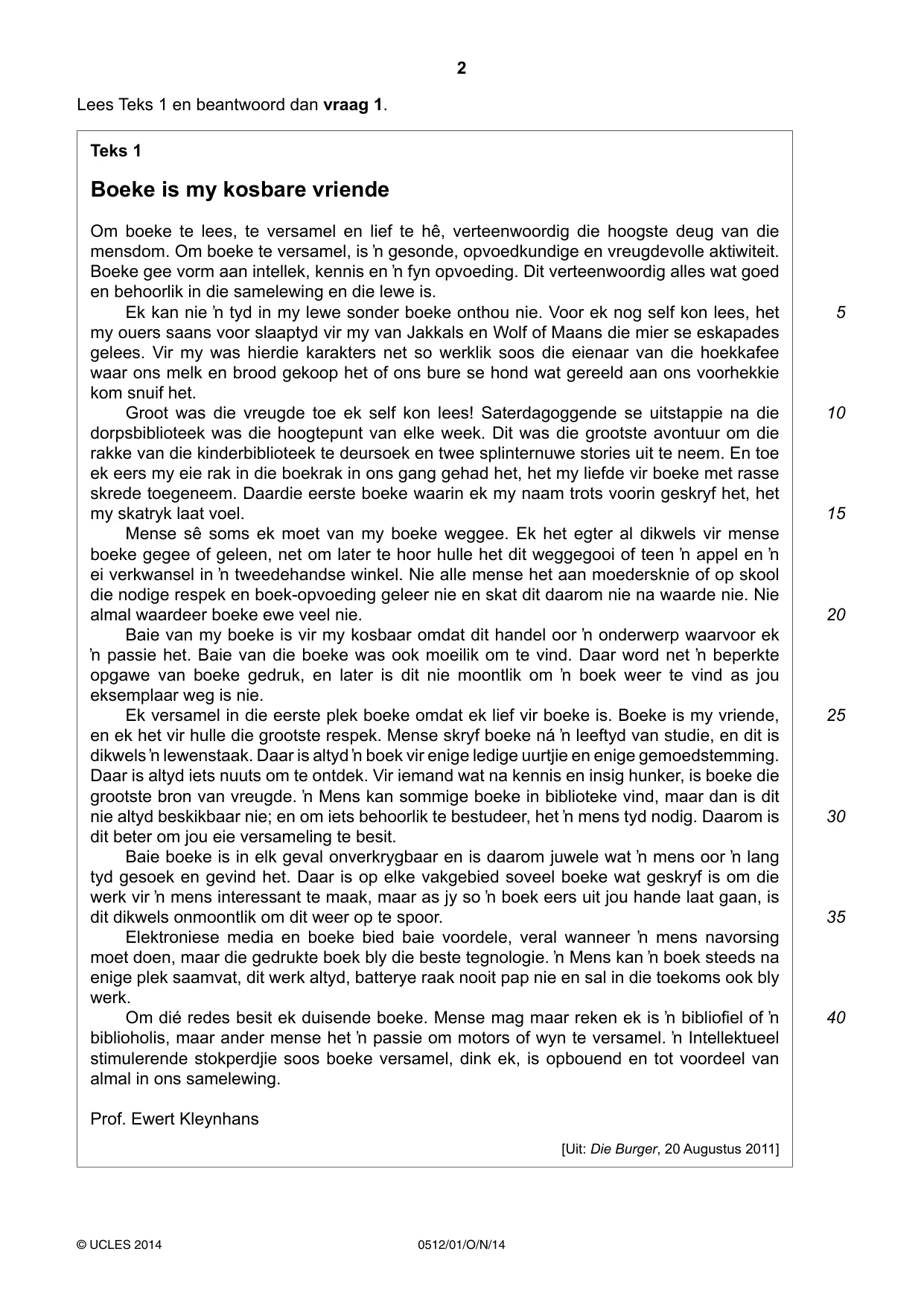 Cambridge IGCSE Afrikaans - First Language 0512 2014 Oct/Nov Paper 1 · Variant 1 question paper, page 2 of 8