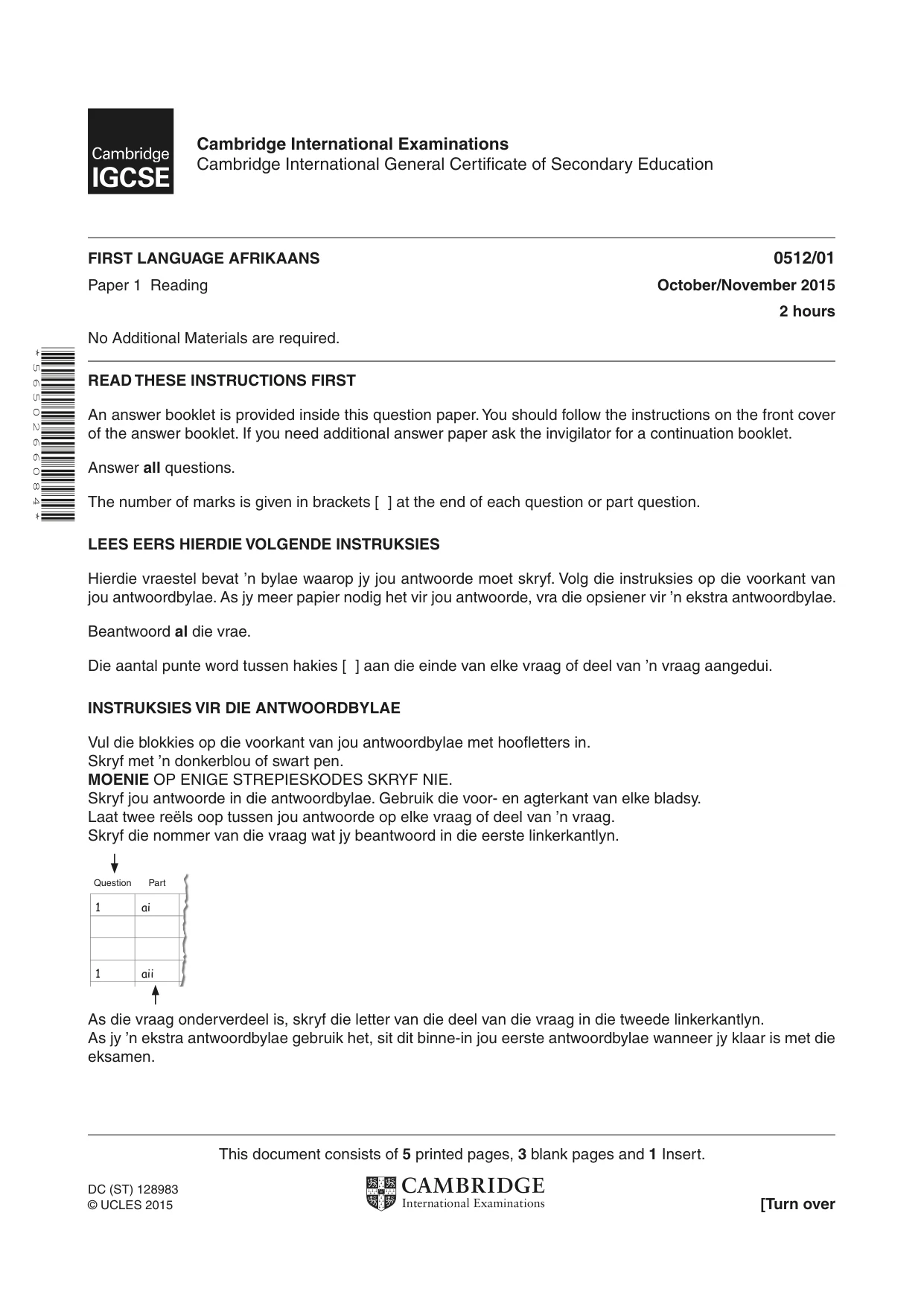 Cambridge IGCSE Afrikaans - First Language 0512 2015 Oct/Nov Paper 1 · Variant 0 question paper, page 1 of 8