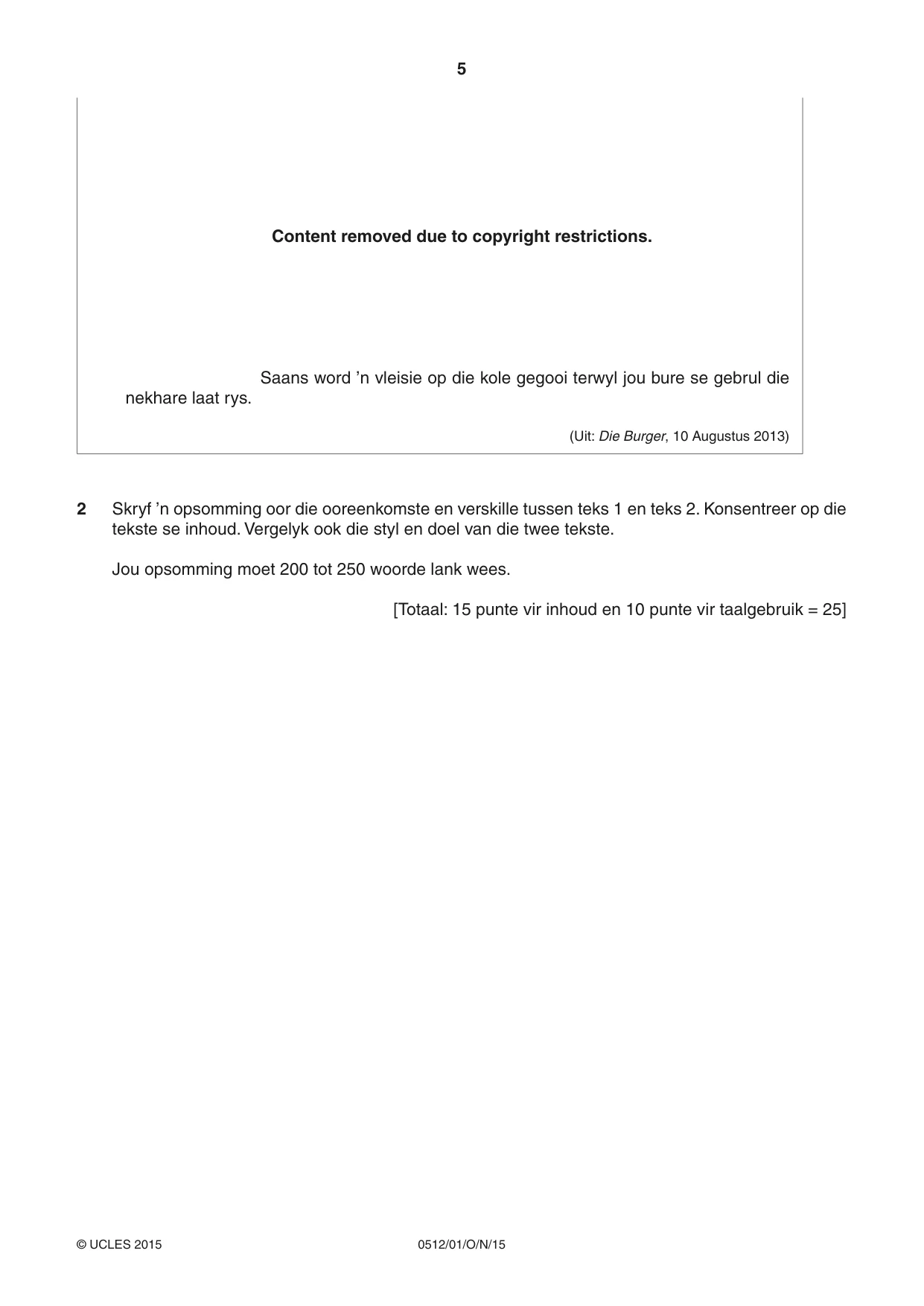 Cambridge IGCSE Afrikaans - First Language 0512 2015 Oct/Nov Paper 1 · Variant 0 question paper, page 5 of 8