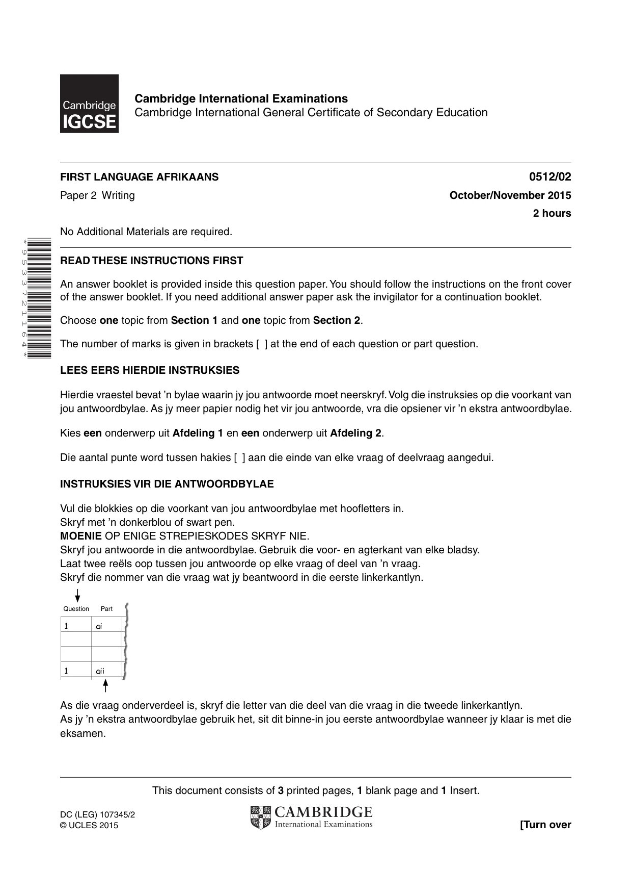 Cambridge IGCSE Afrikaans - First Language 0512 2015 Oct/Nov Paper 2 · Variant 1 question paper, page 1 of 4
