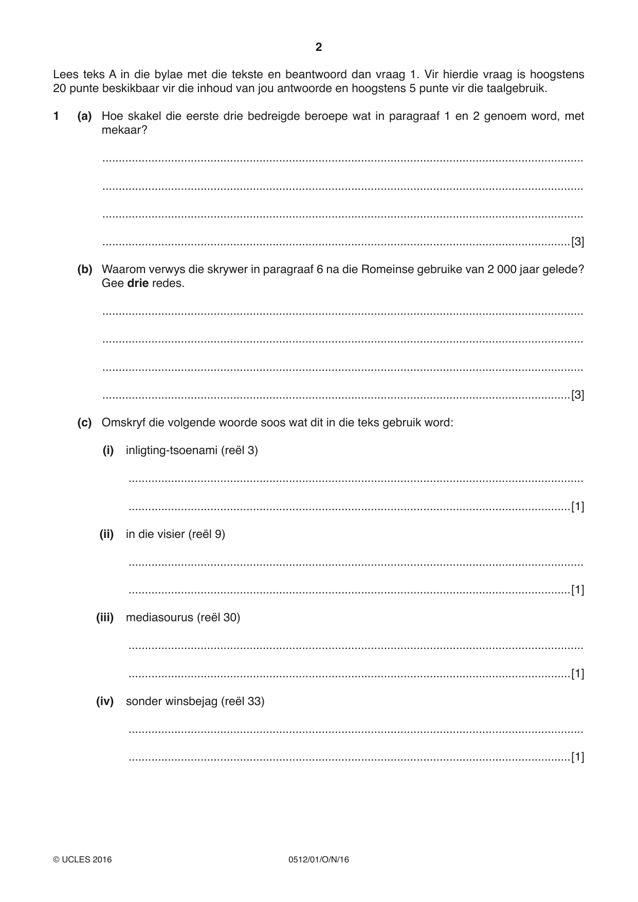 Cambridge IGCSE Afrikaans - First Language 0512 2016 Oct/Nov Paper 1 · Variant 1 question paper, page 2 of 8