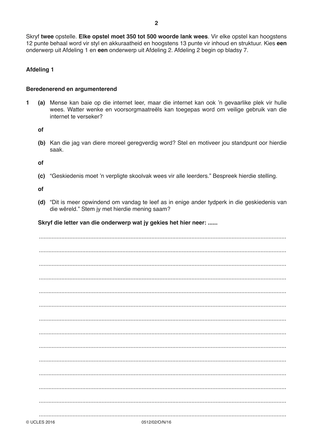 Cambridge IGCSE Afrikaans - First Language 0512 2016 Oct/Nov Paper 2 · Variant 1 question paper, page 2 of 12