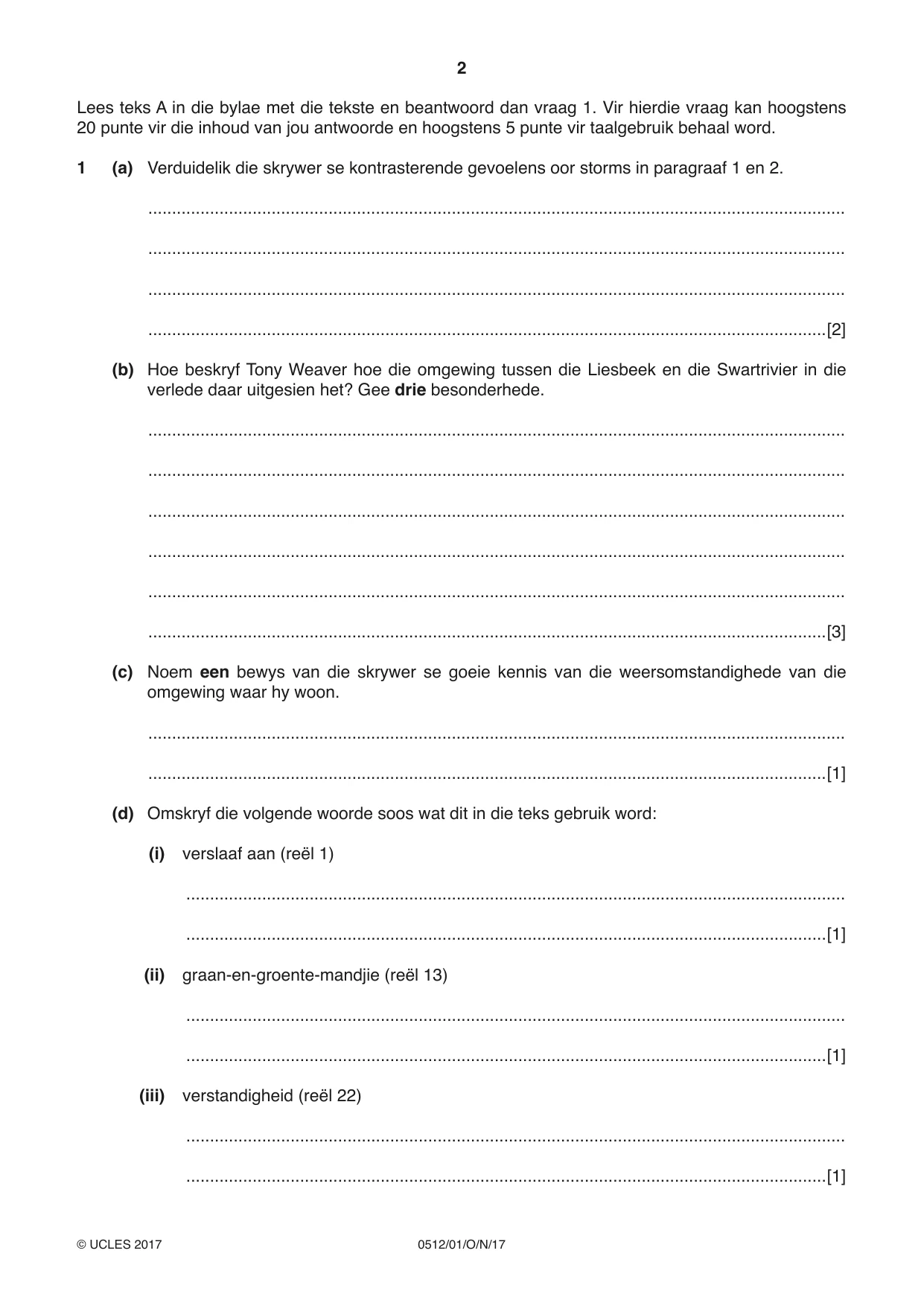 Cambridge IGCSE Afrikaans - First Language 0512 2017 Oct/Nov Paper 1 · Variant 1 question paper, page 2 of 8