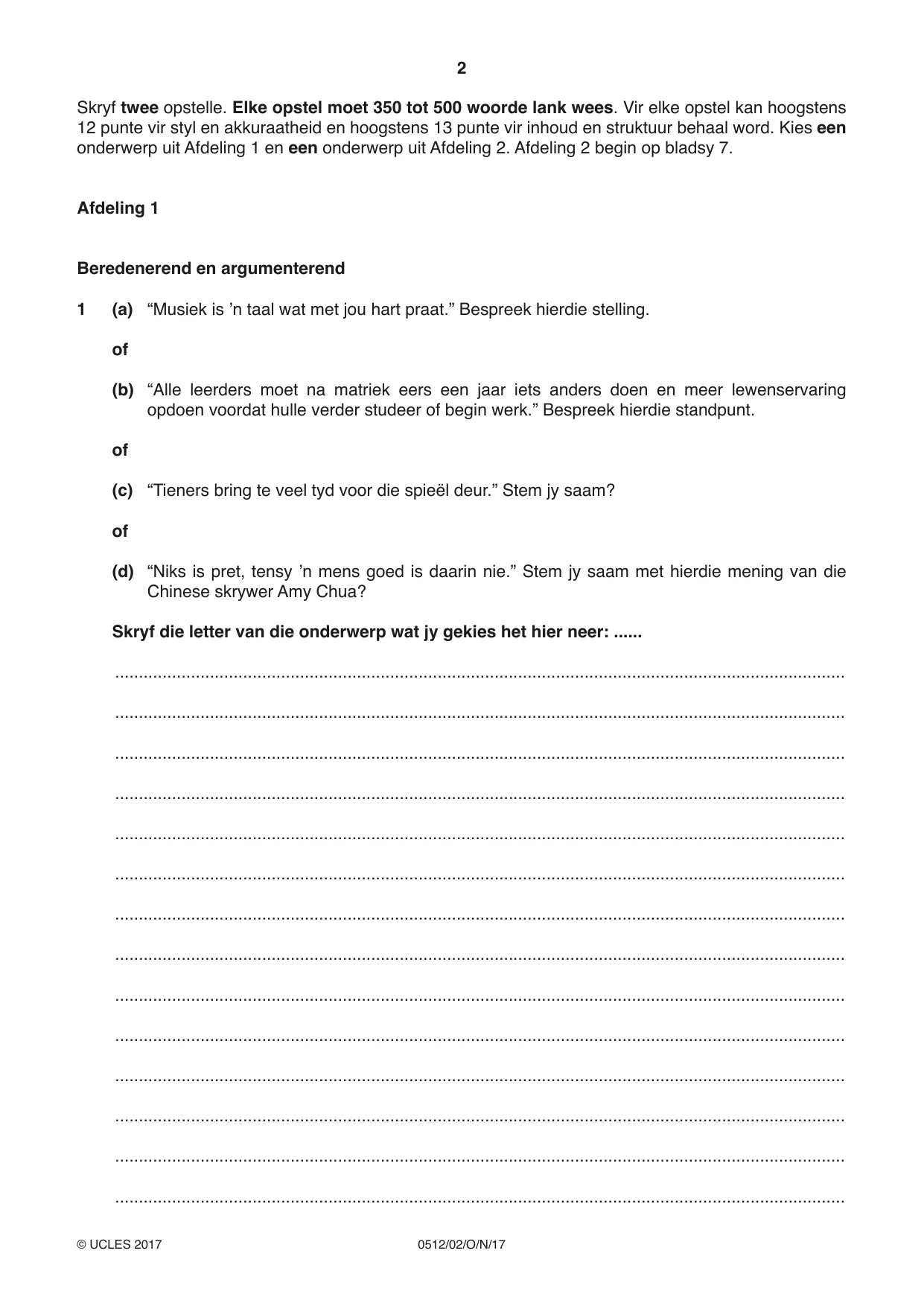 Cambridge IGCSE Afrikaans - First Language 0512 2017 Oct/Nov Paper 2 · Variant 1 question paper, page 2 of 12