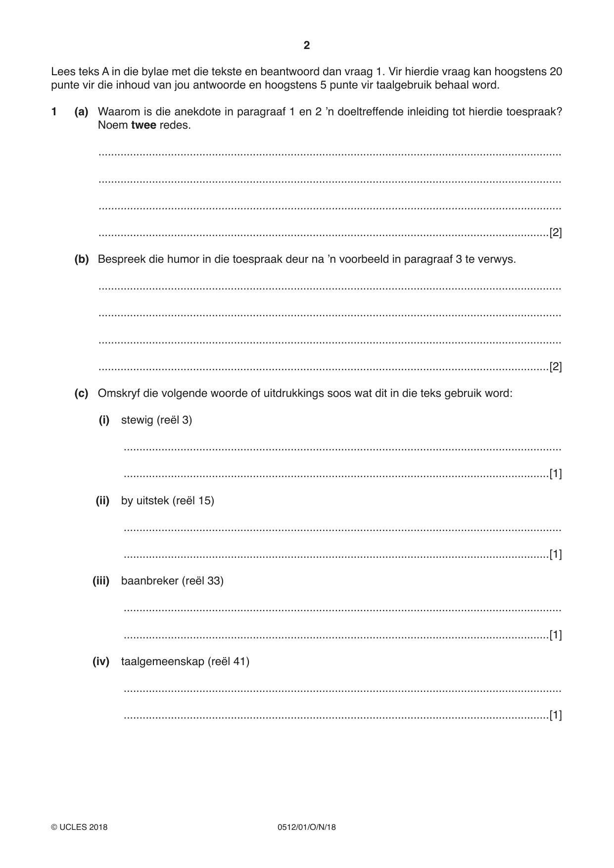 Cambridge IGCSE Afrikaans - First Language 0512 2018 Oct/Nov Paper 1 · Variant 0 question paper, page 2 of 8