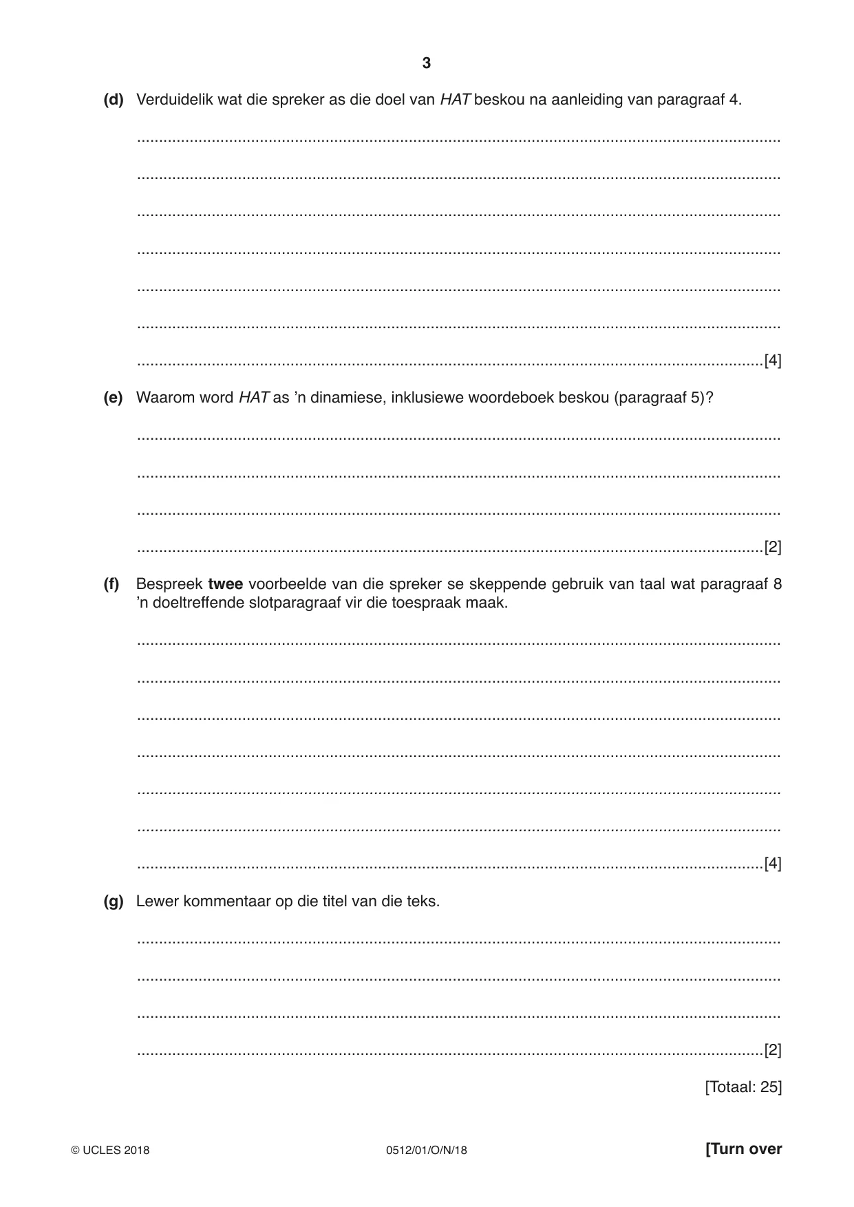 Cambridge IGCSE Afrikaans - First Language 0512 2018 Oct/Nov Paper 1 · Variant 0 question paper, page 3 of 8