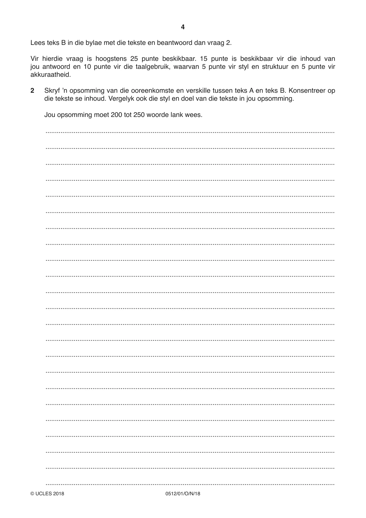 Cambridge IGCSE Afrikaans - First Language 0512 2018 Oct/Nov Paper 1 · Variant 0 question paper, page 4 of 8