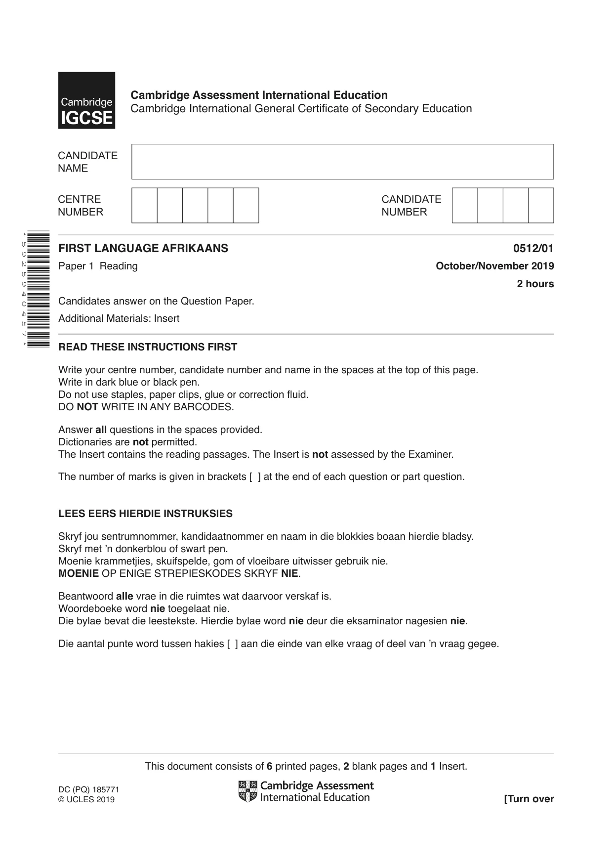 Cambridge IGCSE Afrikaans - First Language 0512 2019 Oct/Nov Paper 1 · Variant 1 question paper, page 1 of 8