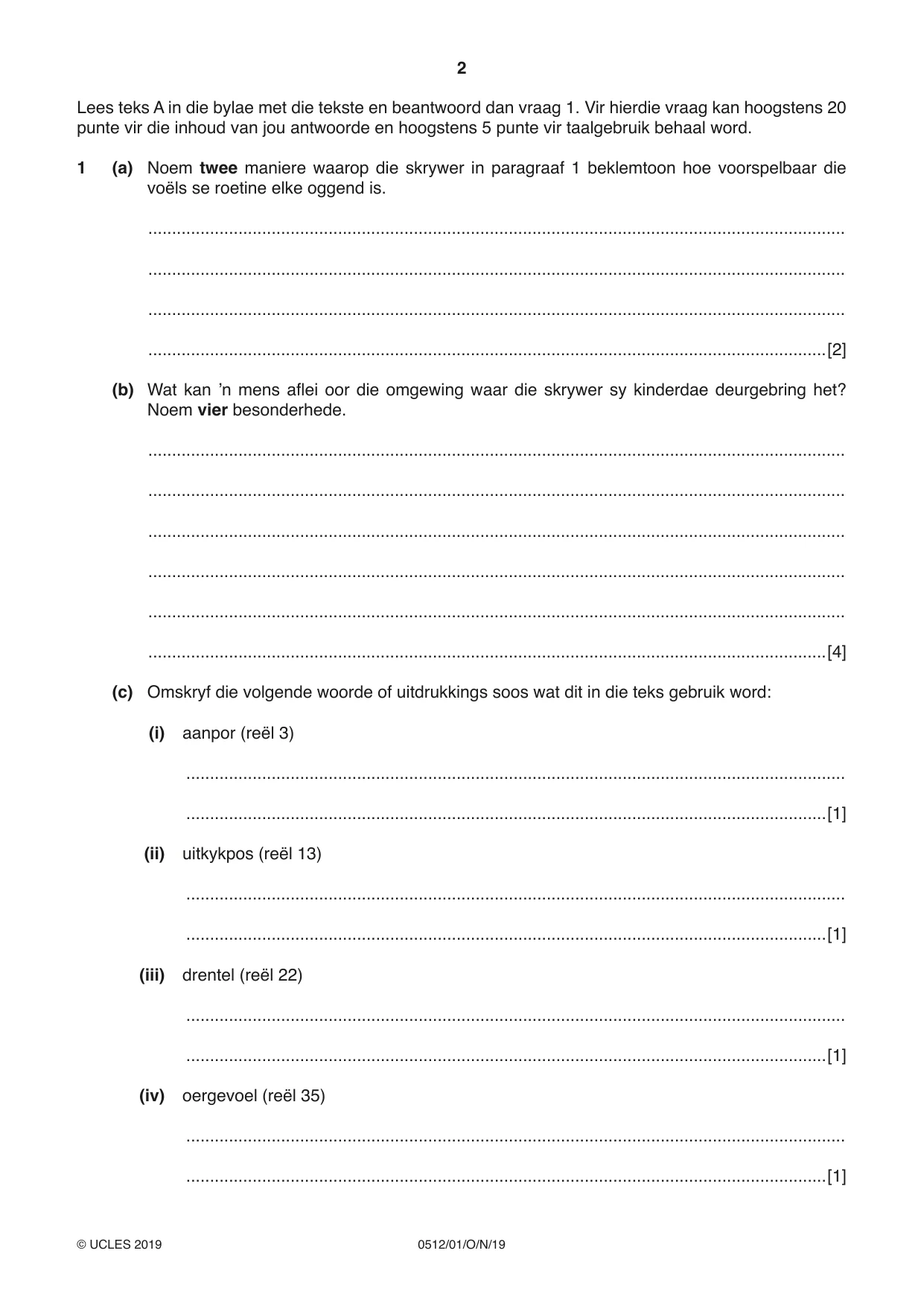 Cambridge IGCSE Afrikaans - First Language 0512 2019 Oct/Nov Paper 1 · Variant 1 question paper, page 2 of 8