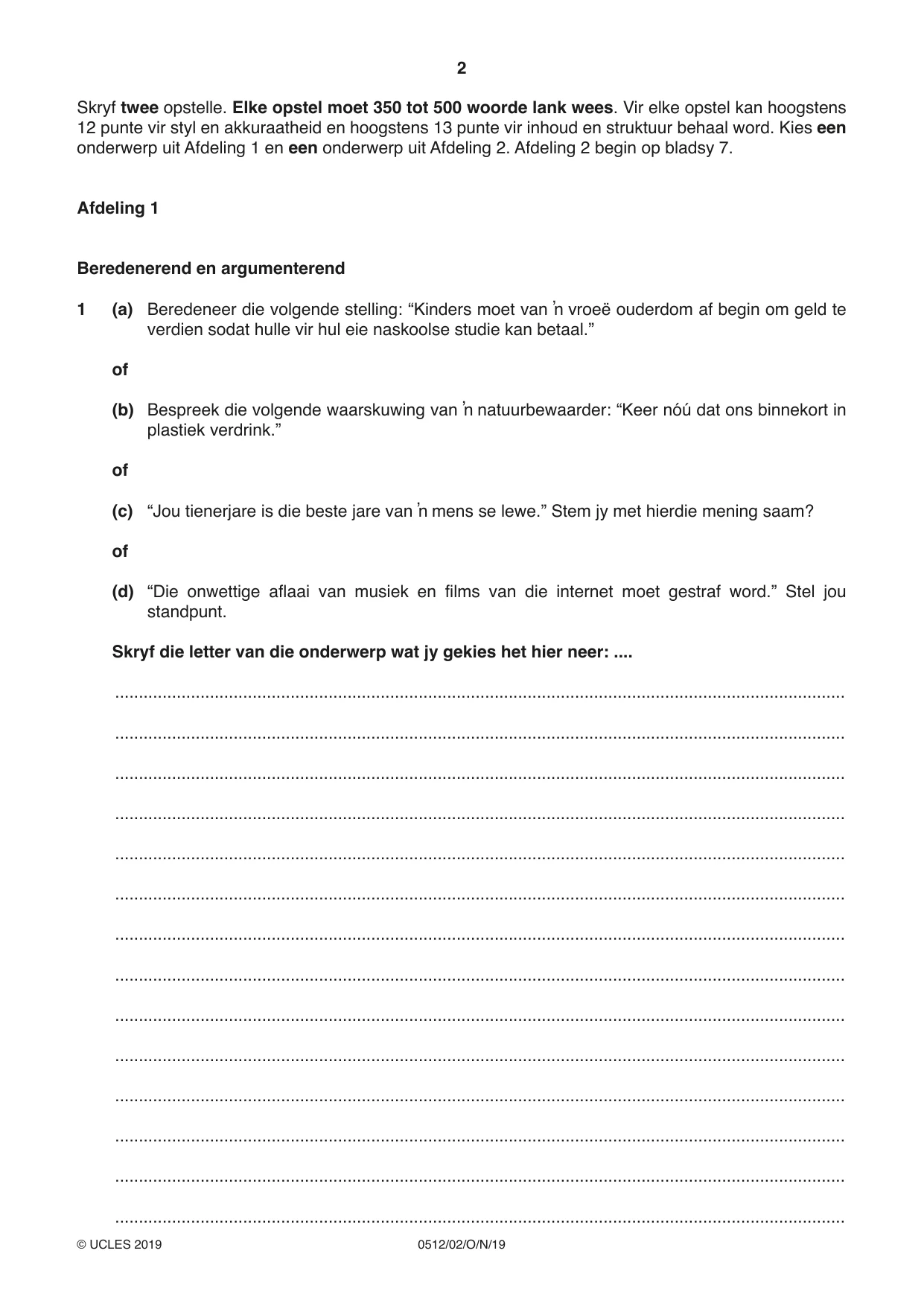 Cambridge IGCSE Afrikaans - First Language 0512 2019 Oct/Nov Paper 2 · Variant 1 question paper, page 2 of 12