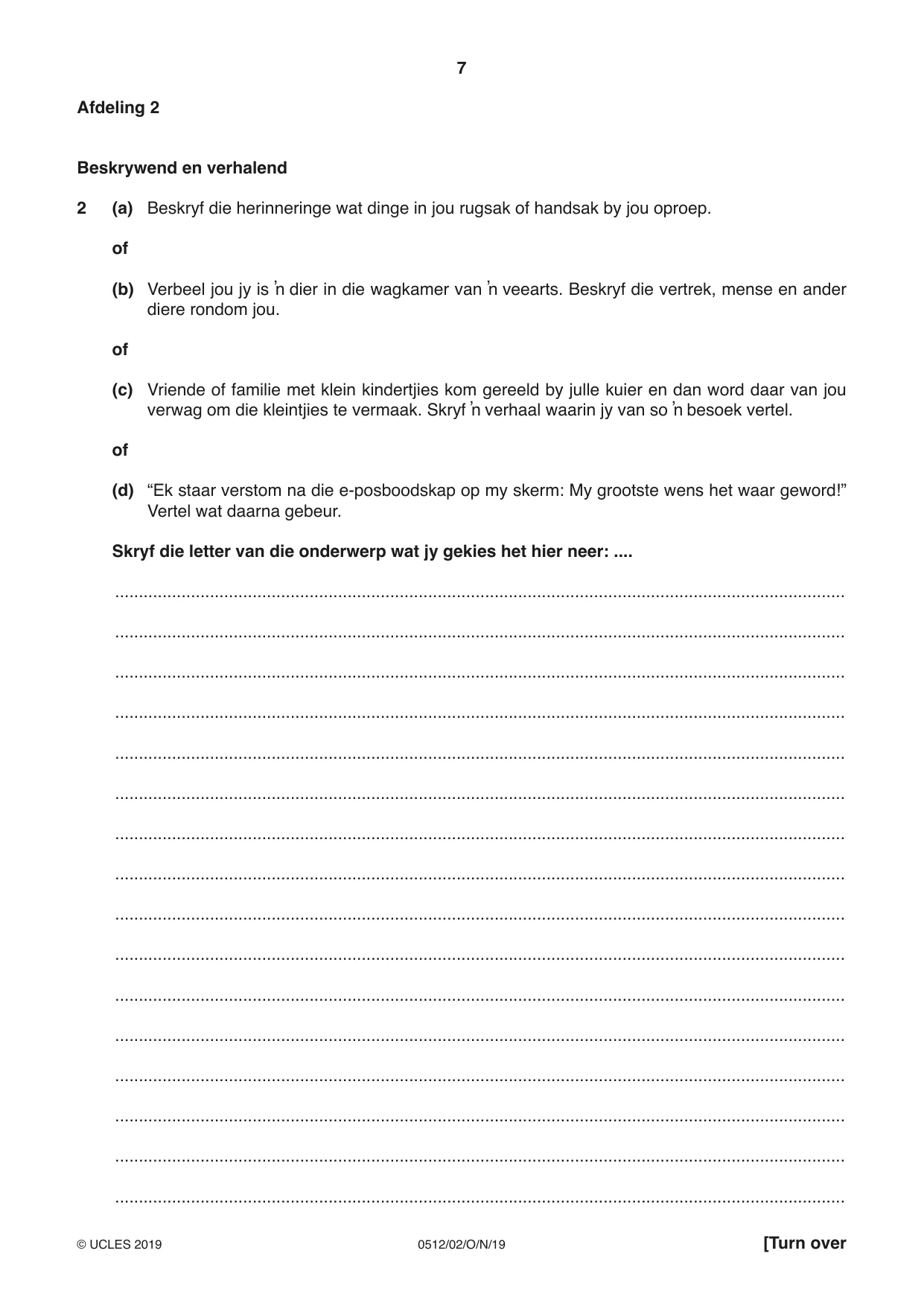 Cambridge IGCSE Afrikaans - First Language 0512 2019 Oct/Nov Paper 2 · Variant 1 question paper, page 7 of 12
