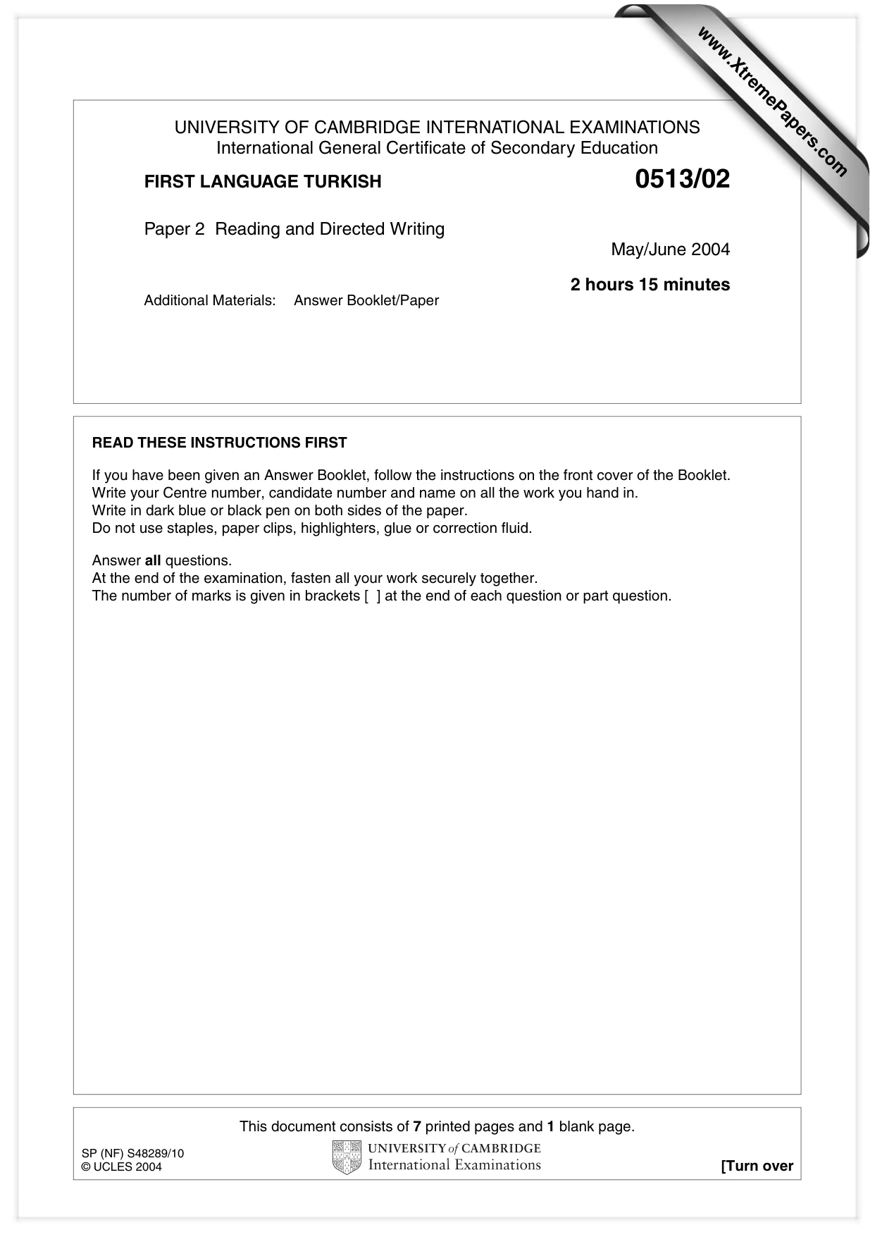 Cambridge IGCSE Turkish - First Language 0513 2004 May/June Paper 2 · Variant 1 question paper, page 1 of 8