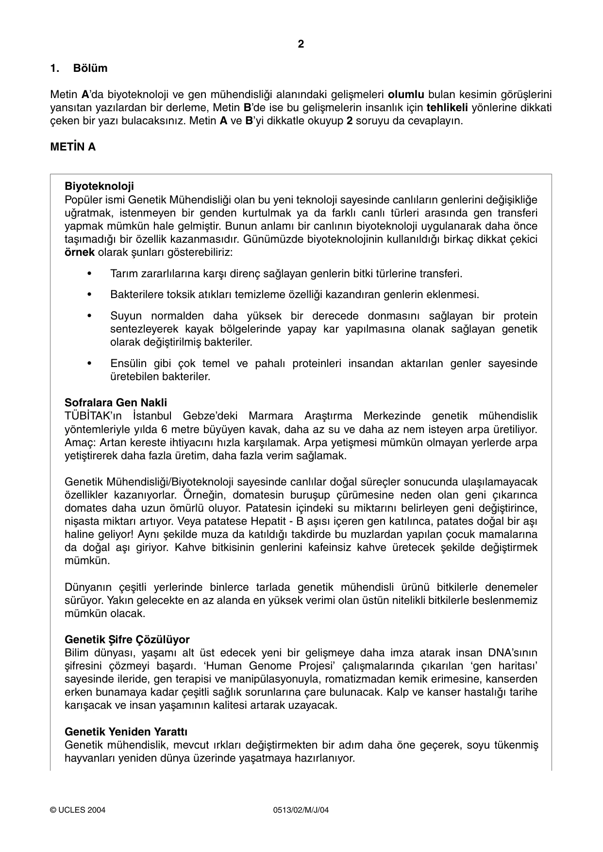 Cambridge IGCSE Turkish - First Language 0513 2004 May/June Paper 2 · Variant 1 question paper, page 2 of 8
