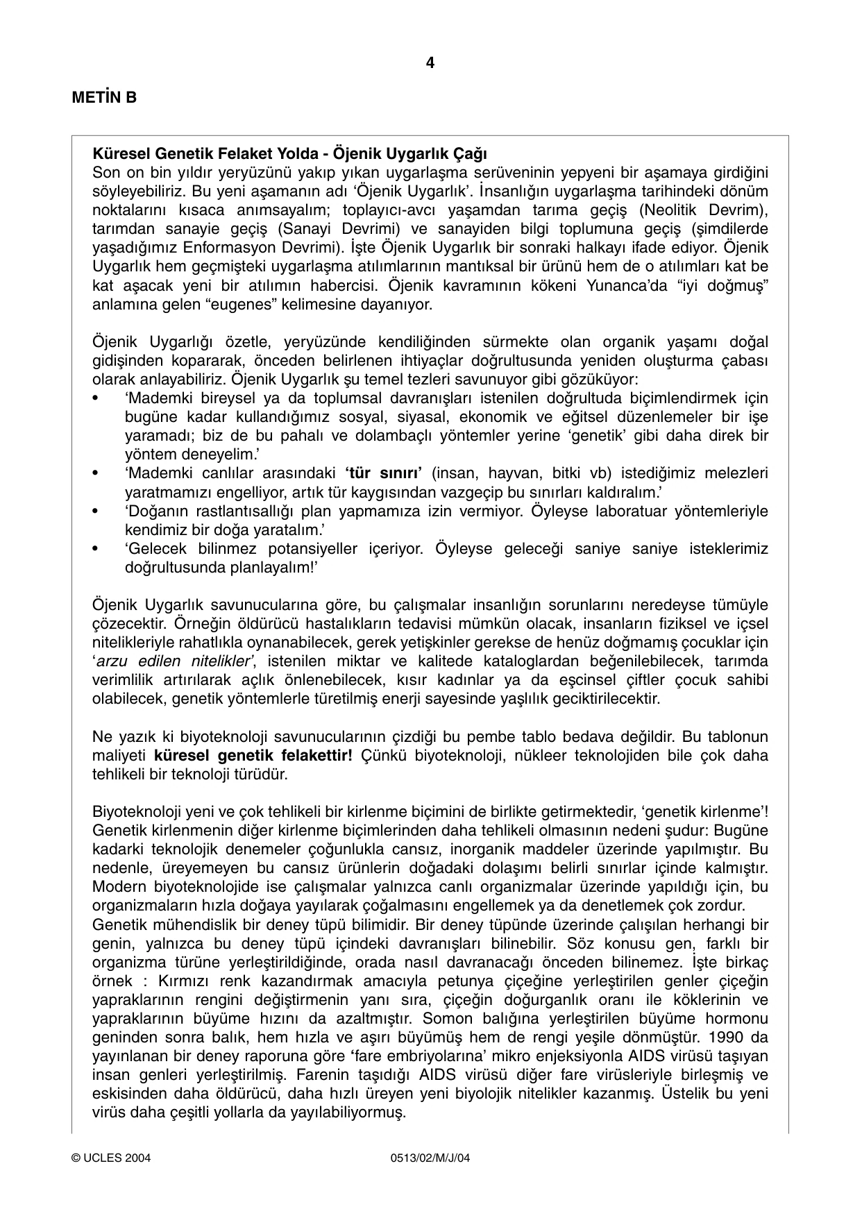 Cambridge IGCSE Turkish - First Language 0513 2004 May/June Paper 2 · Variant 1 question paper, page 4 of 8