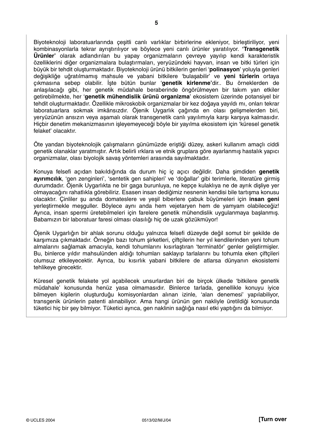 Cambridge IGCSE Turkish - First Language 0513 2004 May/June Paper 2 · Variant 1 question paper, page 5 of 8