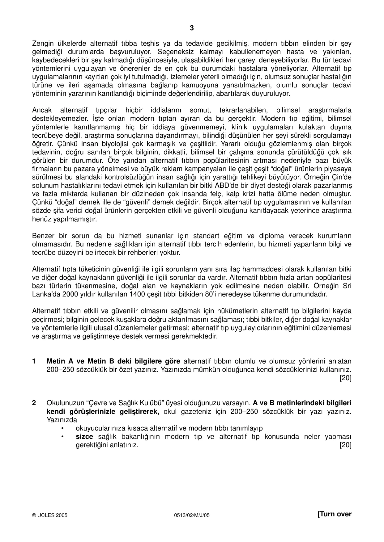 Cambridge IGCSE Turkish - First Language 0513 2005 May/June Paper 2 · Variant 1 question paper, page 3 of 4