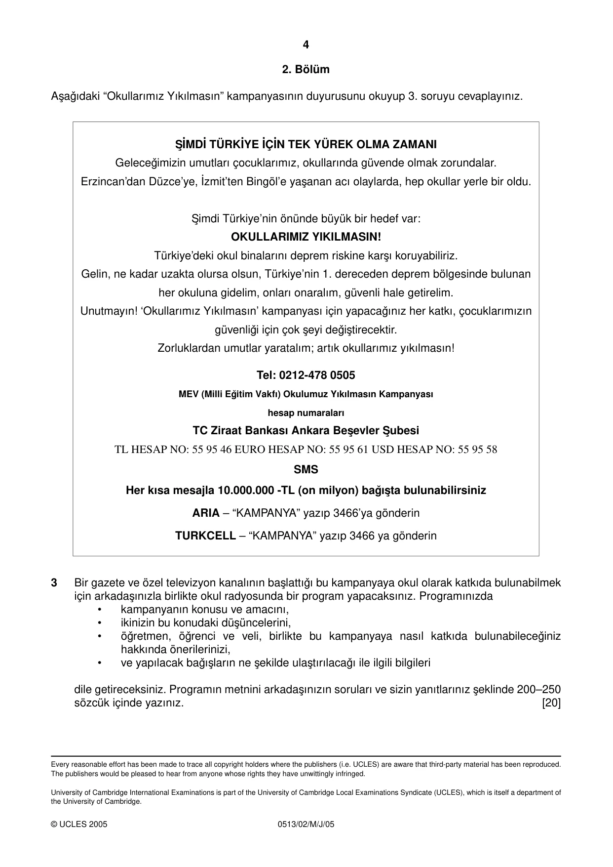 Cambridge IGCSE Turkish - First Language 0513 2005 May/June Paper 2 · Variant 1 question paper, page 4 of 4