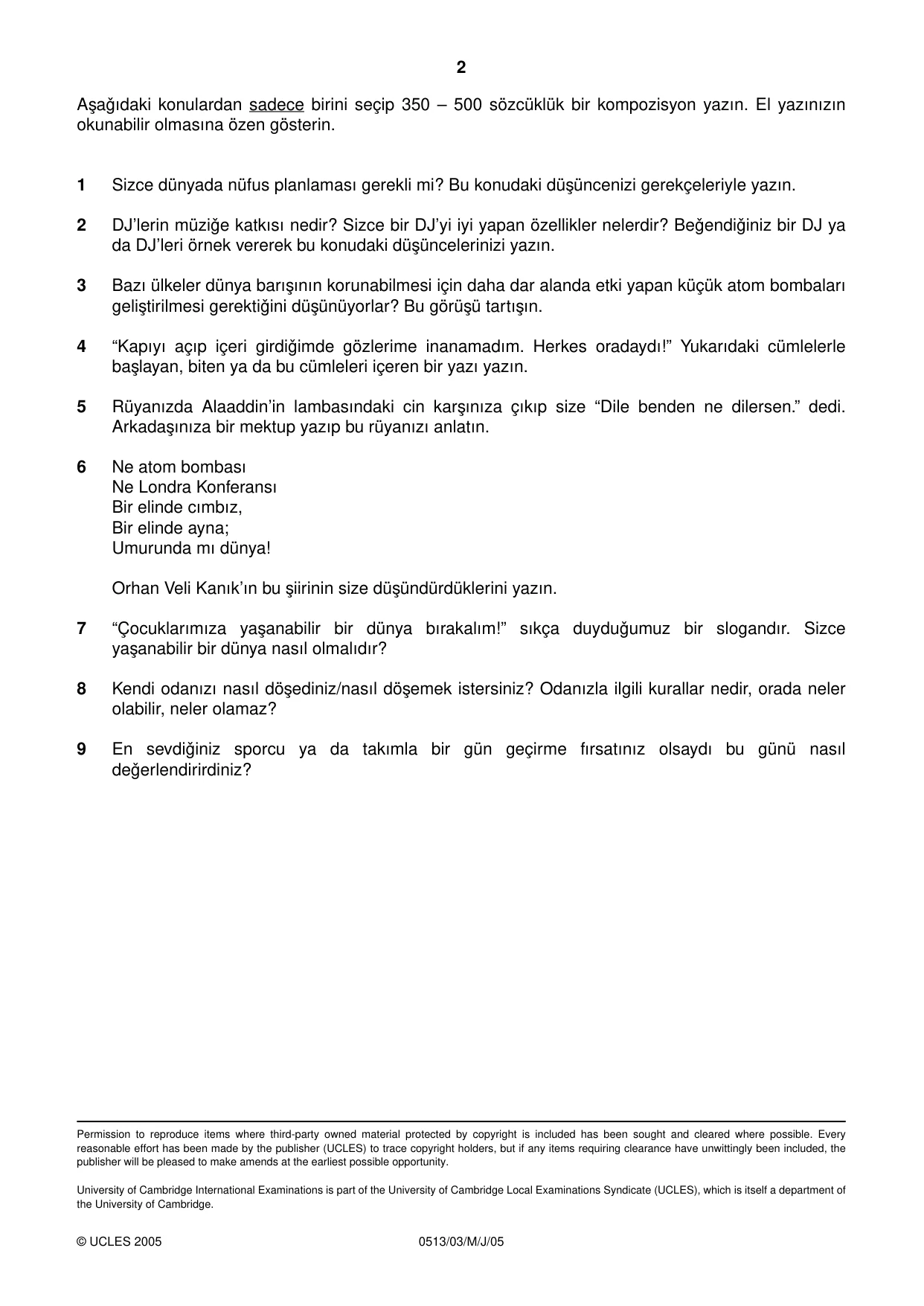 Cambridge IGCSE Turkish - First Language 0513 2005 May/June Paper 3 · Variant 1 question paper, page 2 of 2