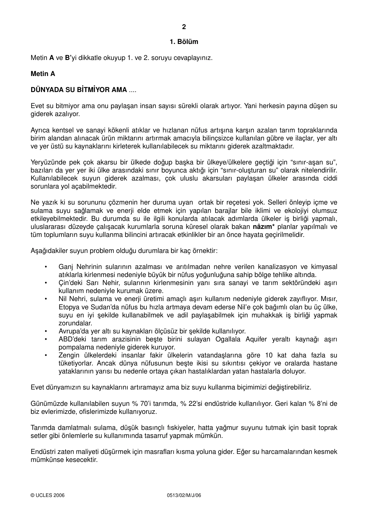 Cambridge IGCSE Turkish - First Language 0513 2006 May/June Paper 2 · Variant 1 question paper, page 2 of 8