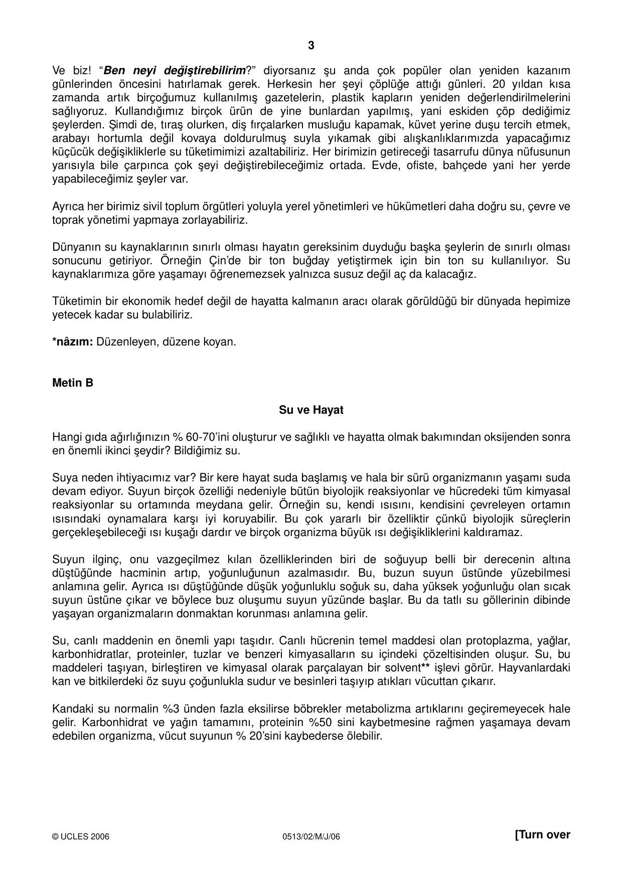 Cambridge IGCSE Turkish - First Language 0513 2006 May/June Paper 2 · Variant 1 question paper, page 3 of 8