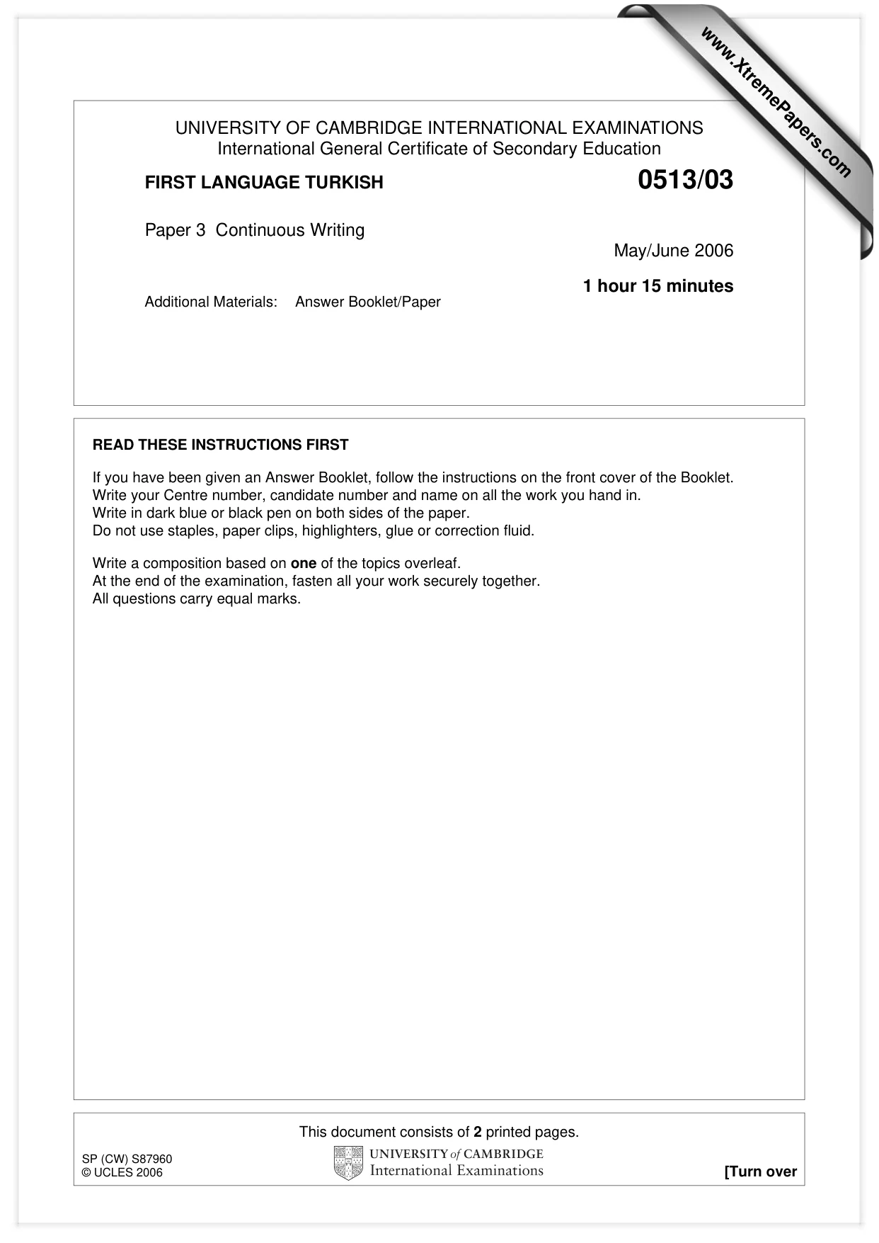 Cambridge IGCSE Turkish - First Language 0513 2006 May/June Paper 3 · Variant 1 question paper, page 1 of 2