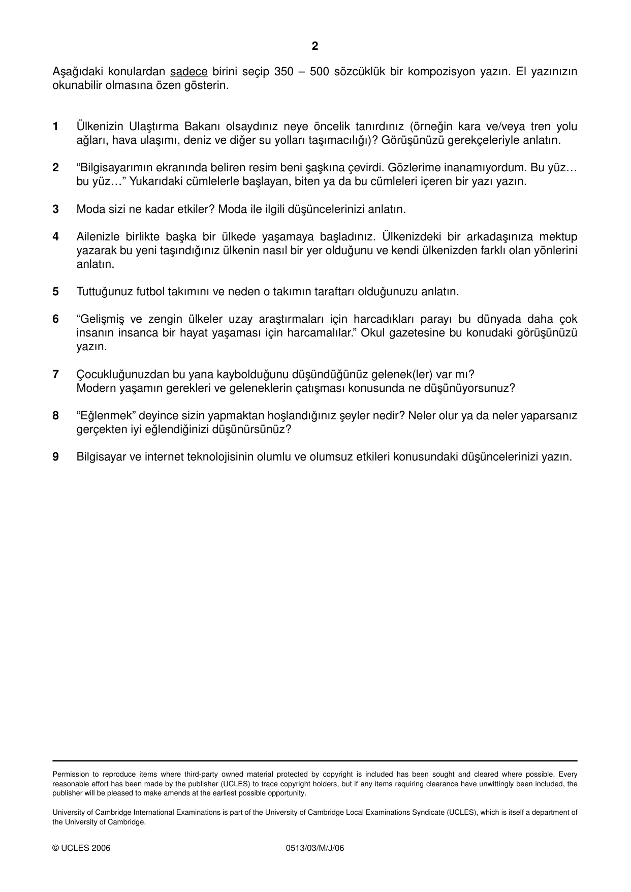 Cambridge IGCSE Turkish - First Language 0513 2006 May/June Paper 3 · Variant 1 question paper, page 2 of 2