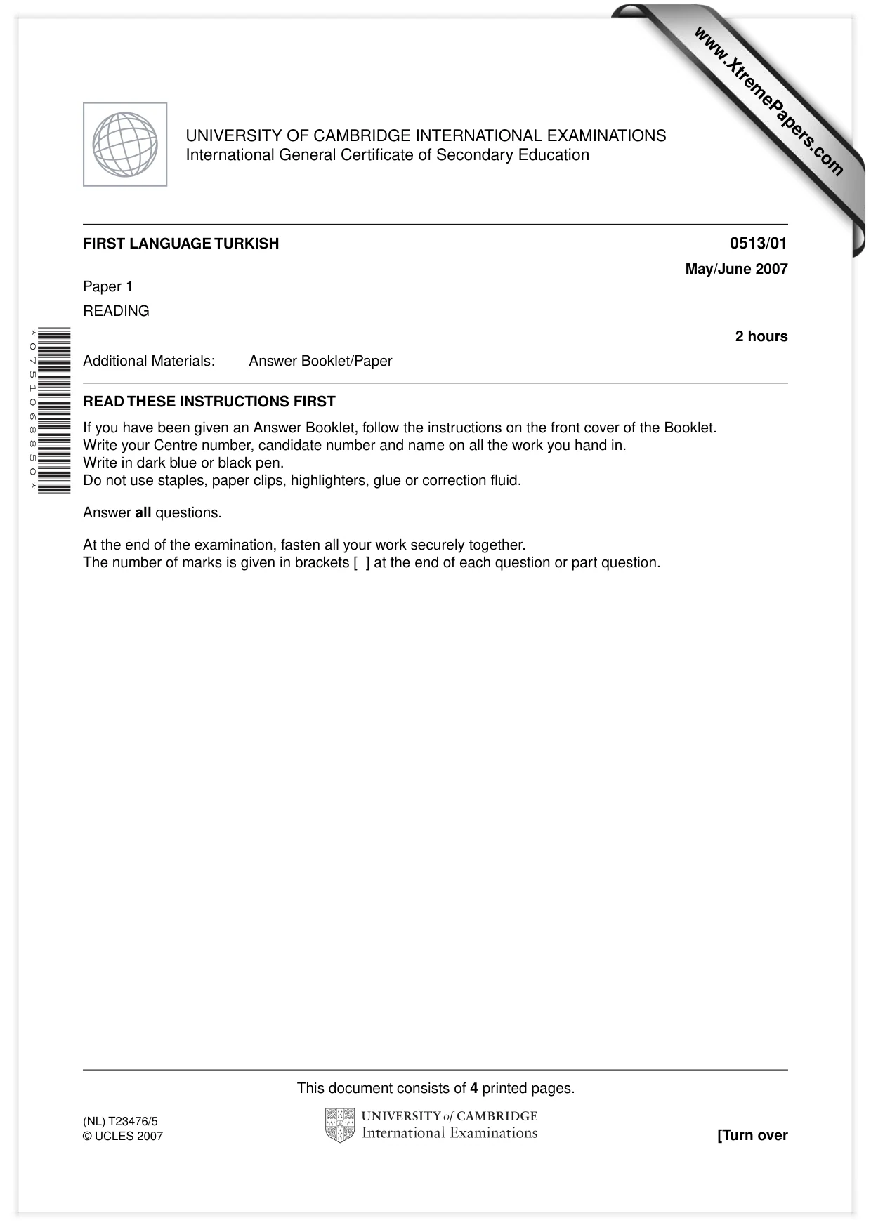 Cambridge IGCSE Turkish - First Language 0513 2007 May/June Paper 1 · Variant 1 question paper, page 1 of 4