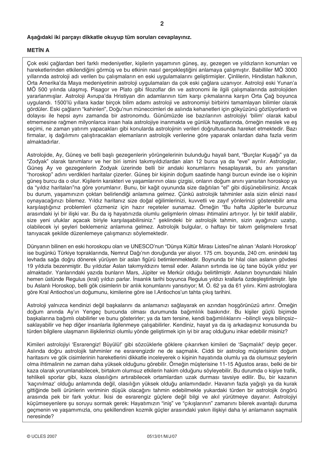 Cambridge IGCSE Turkish - First Language 0513 2007 May/June Paper 1 · Variant 1 question paper, page 2 of 4