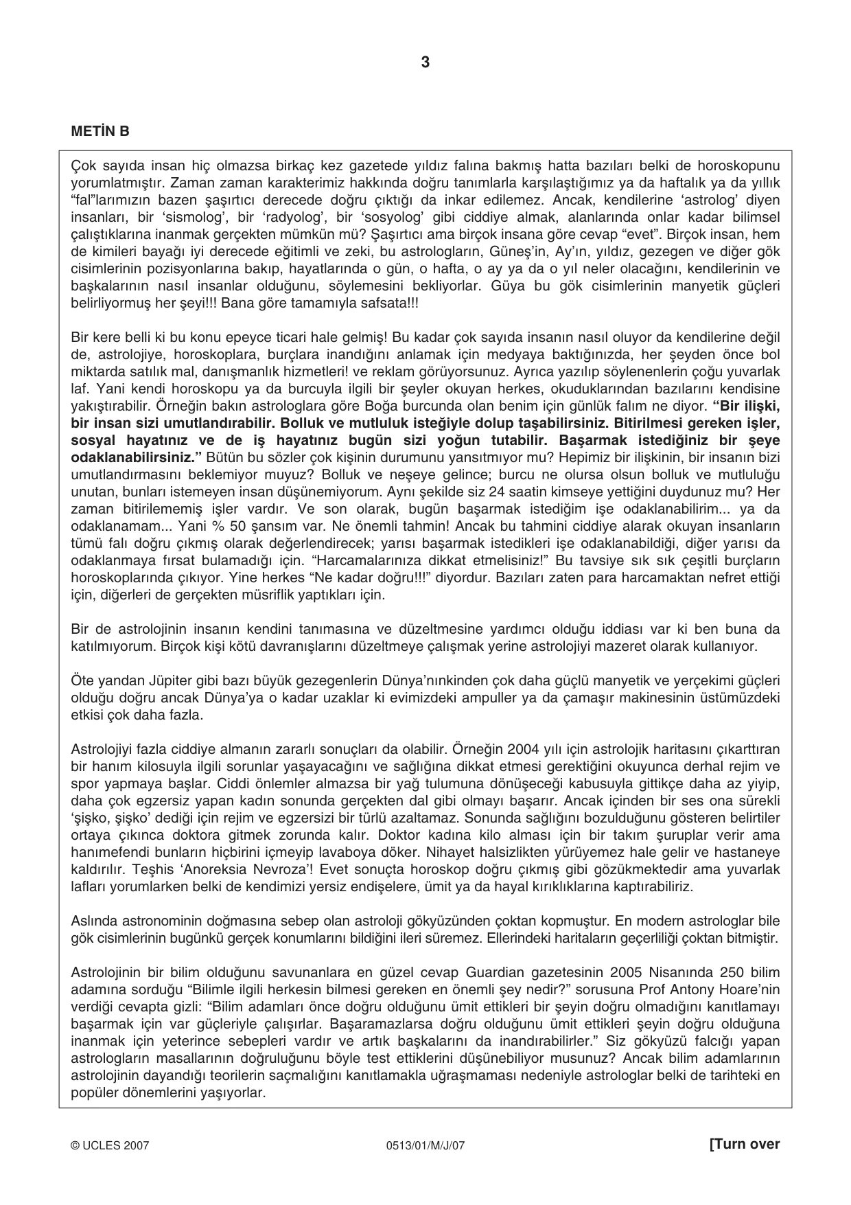 Cambridge IGCSE Turkish - First Language 0513 2007 May/June Paper 1 · Variant 1 question paper, page 3 of 4