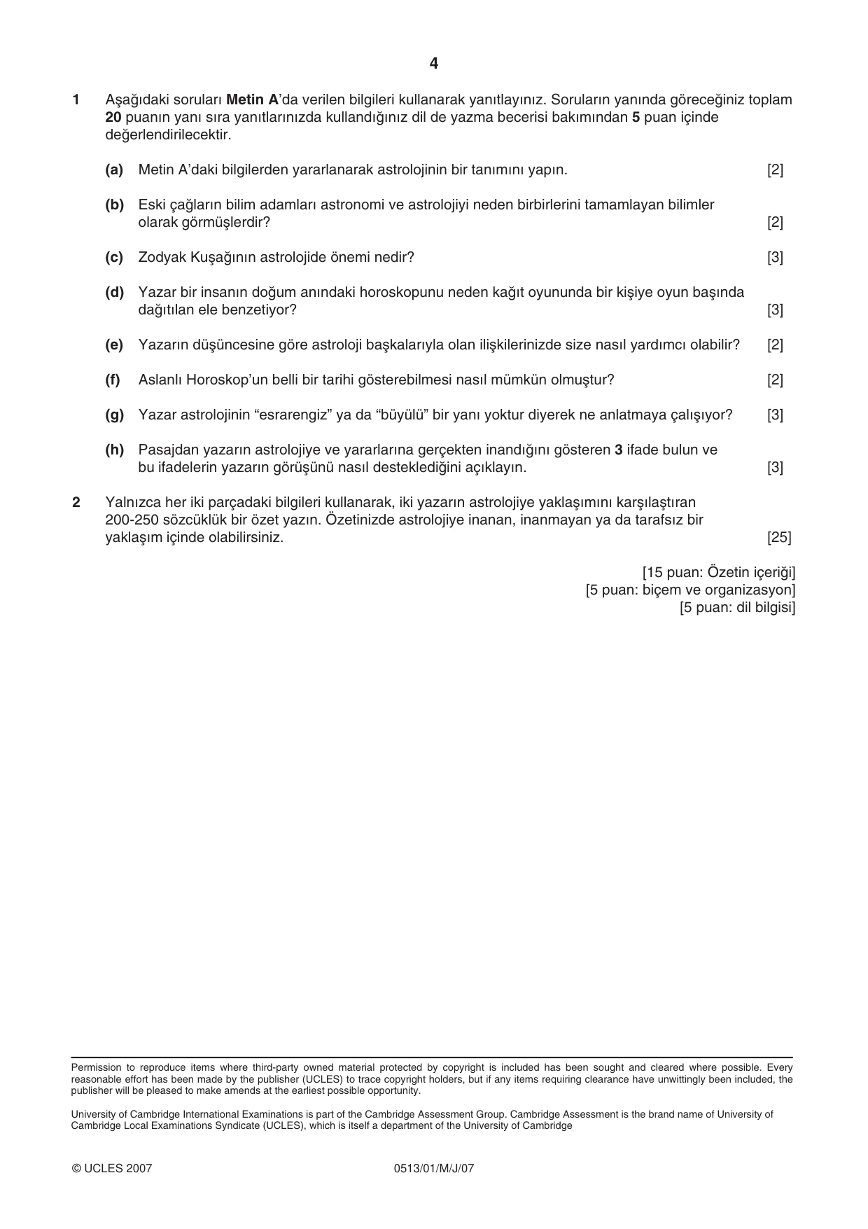 Cambridge IGCSE Turkish - First Language 0513 2007 May/June Paper 1 · Variant 1 question paper, page 4 of 4