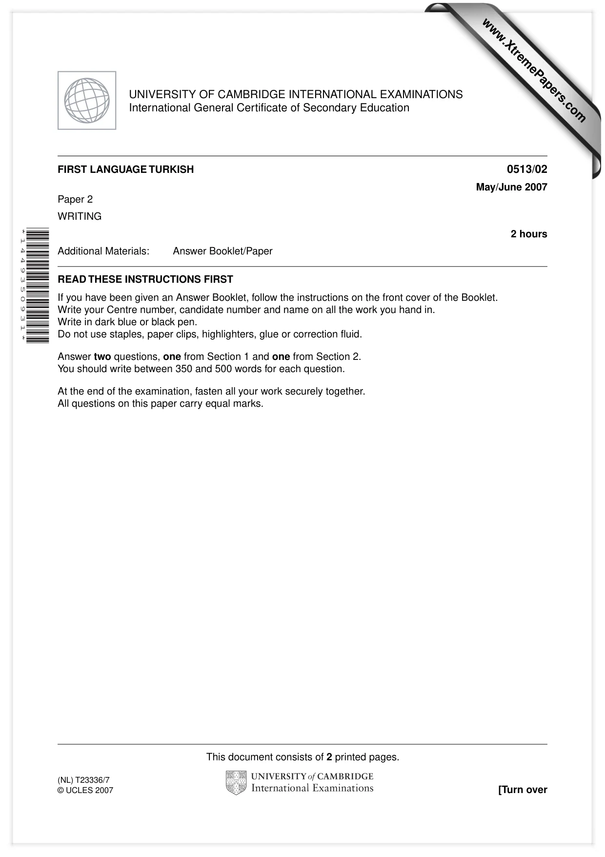 Cambridge IGCSE Turkish - First Language 0513 2007 May/June Paper 2 · Variant 1 question paper, page 1 of 2