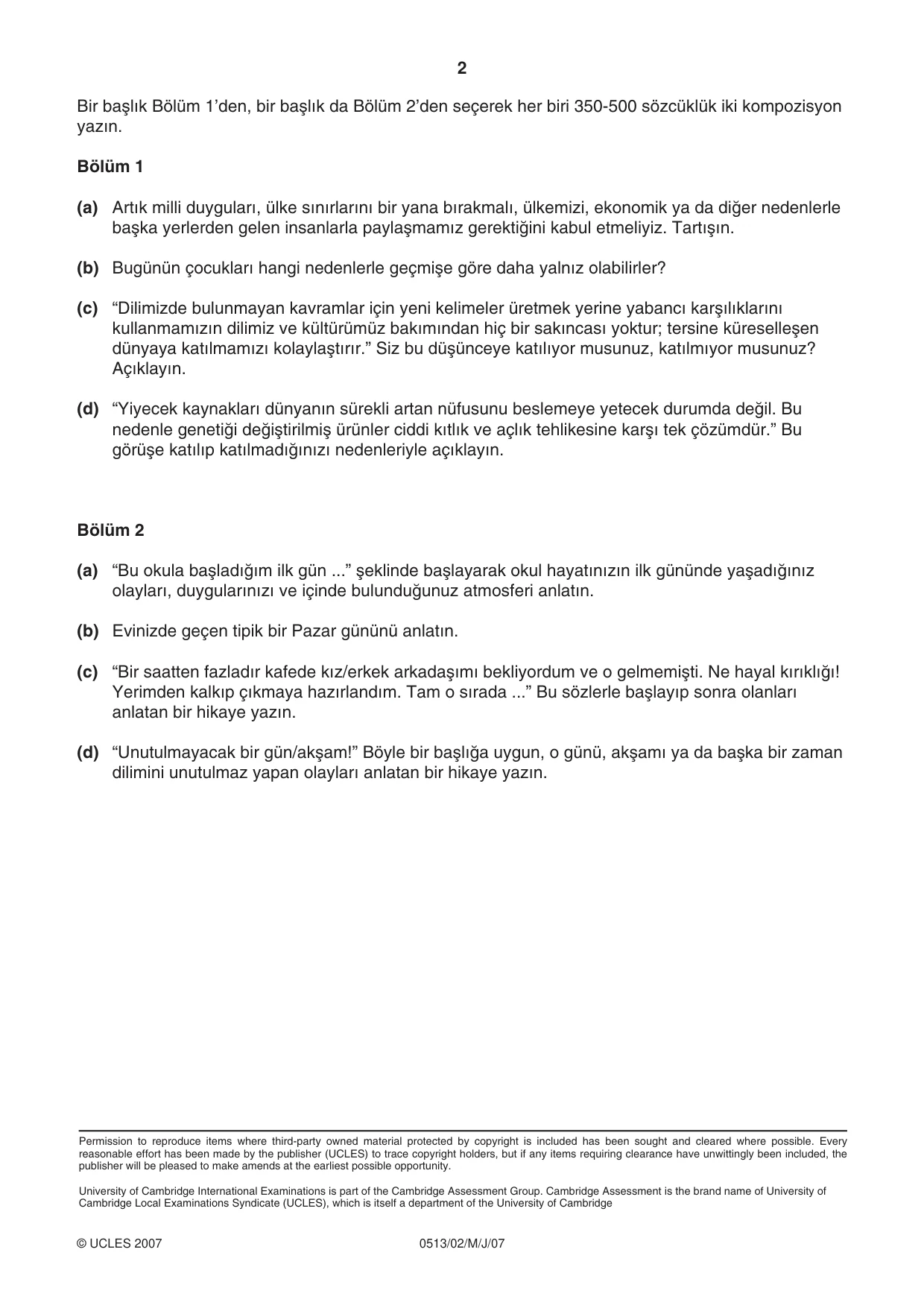 Cambridge IGCSE Turkish - First Language 0513 2007 May/June Paper 2 · Variant 1 question paper, page 2 of 2