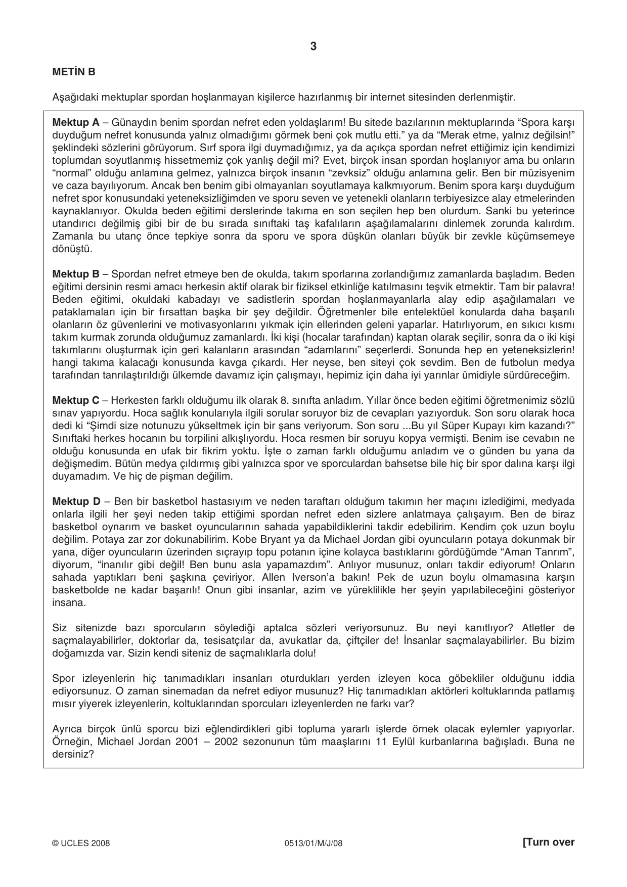 Cambridge IGCSE Turkish - First Language 0513 2008 May/June Paper 1 · Variant 1 question paper, page 3 of 4
