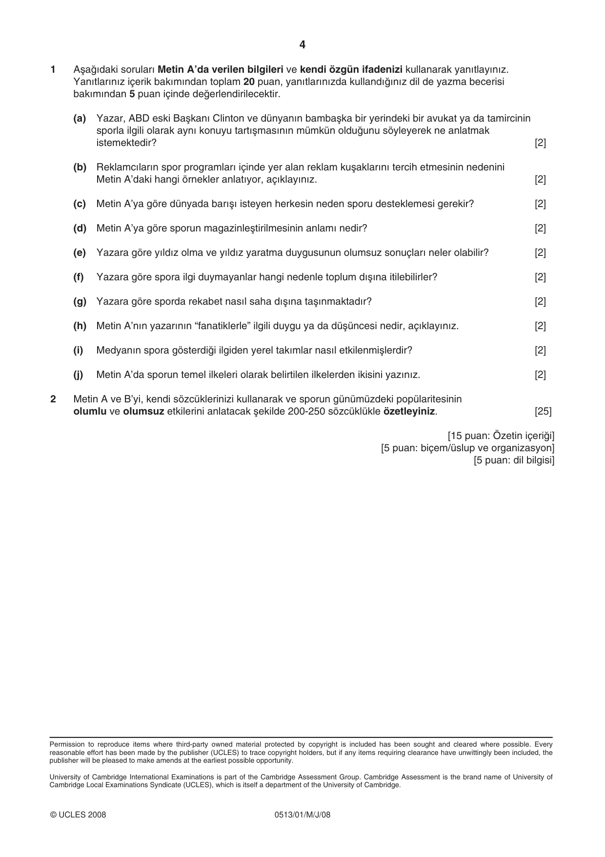 Cambridge IGCSE Turkish - First Language 0513 2008 May/June Paper 1 · Variant 1 question paper, page 4 of 4