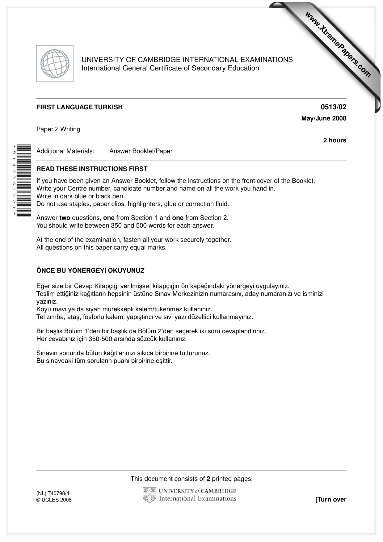 Cambridge IGCSE Turkish - First Language 0513 2008 May/June Paper 2 · Variant 1 question paper, page 1 of 2