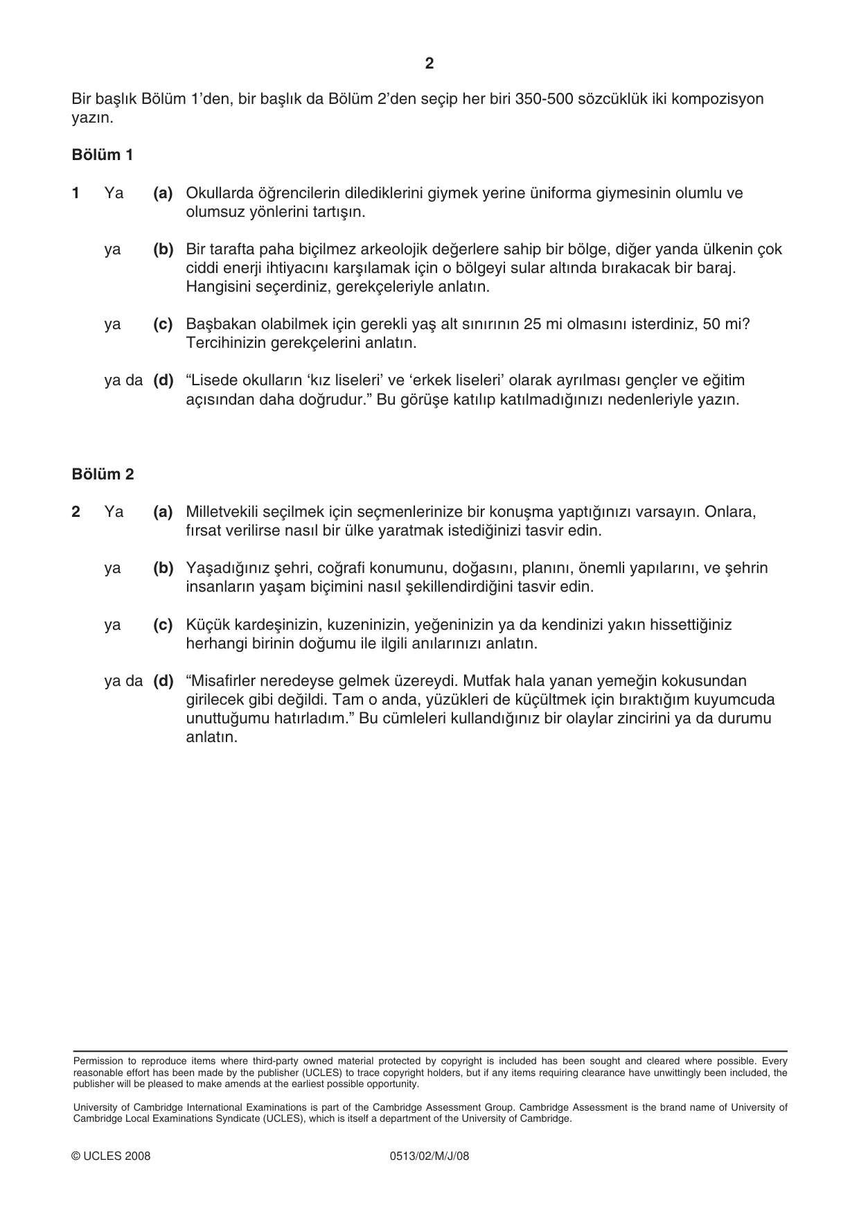 Cambridge IGCSE Turkish - First Language 0513 2008 May/June Paper 2 · Variant 1 question paper, page 2 of 2
