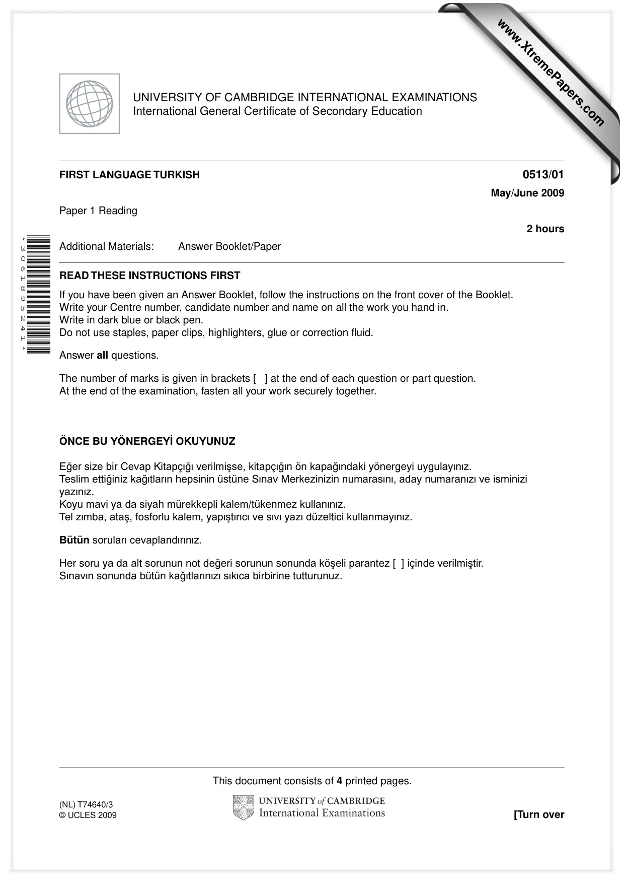Cambridge IGCSE Turkish - First Language 0513 2009 May/June Paper 1 · Variant 1 question paper, page 1 of 4