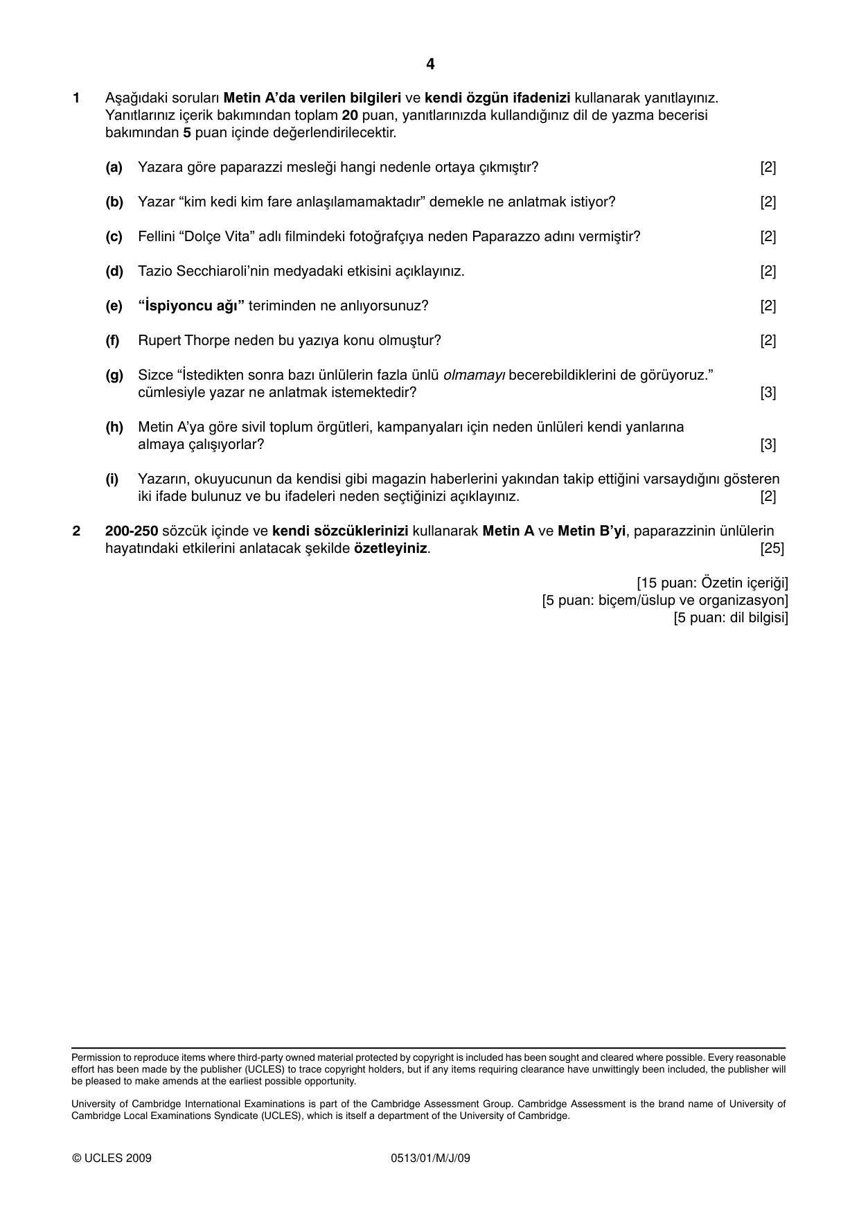 Cambridge IGCSE Turkish - First Language 0513 2009 May/June Paper 1 · Variant 1 question paper, page 4 of 4