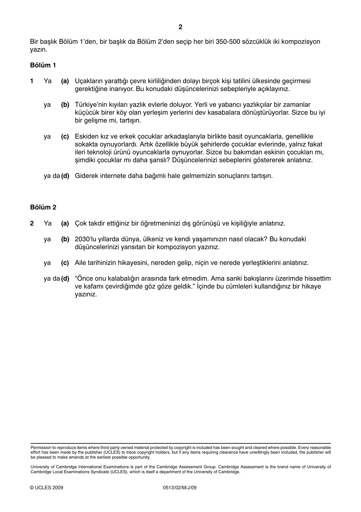 Cambridge IGCSE Turkish - First Language 0513 2009 May/June Paper 2 · Variant 1 question paper, page 2 of 2