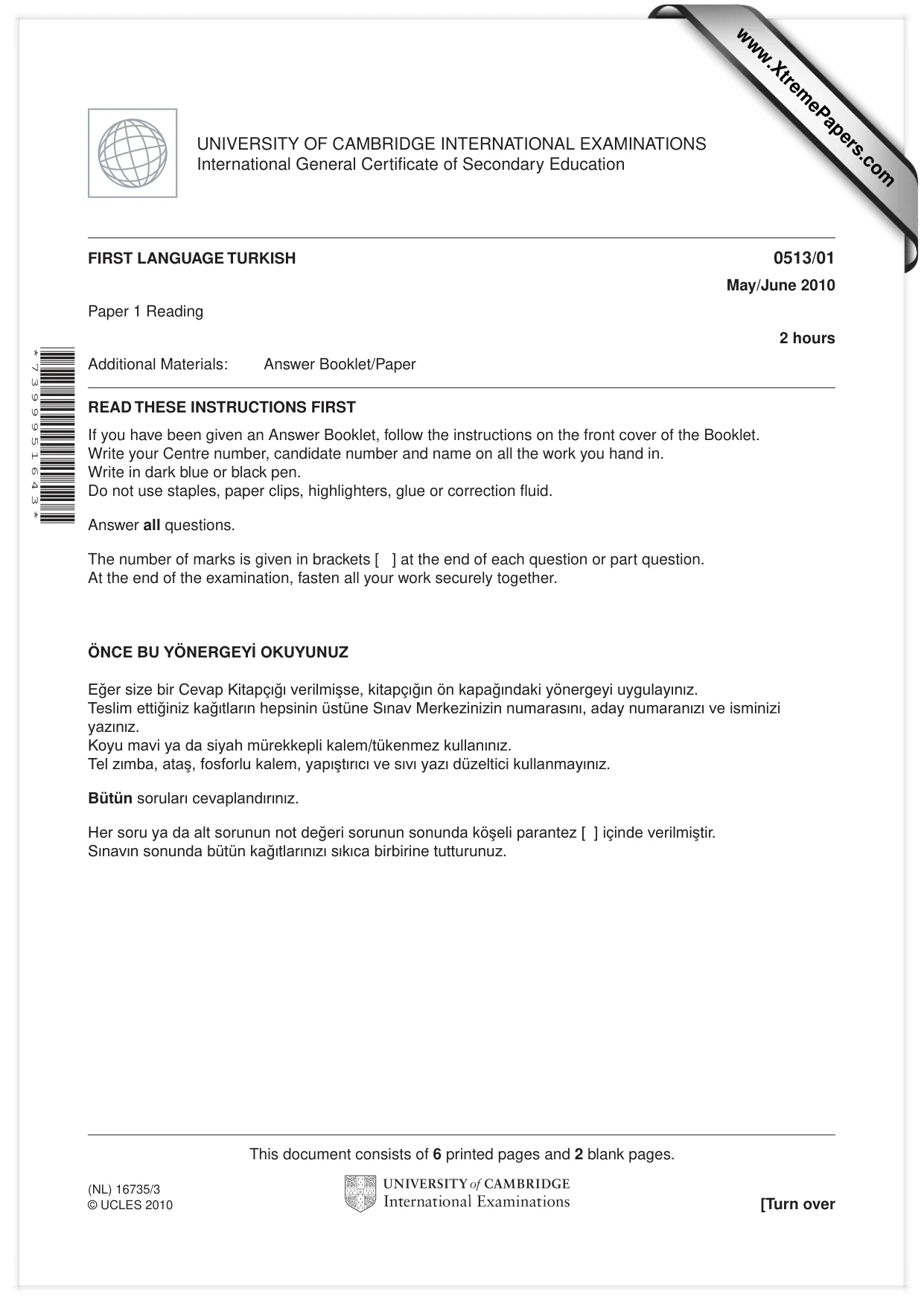 Cambridge IGCSE Turkish - First Language 0513 2010 May/June Paper 1 · Variant 1 question paper, page 1 of 8