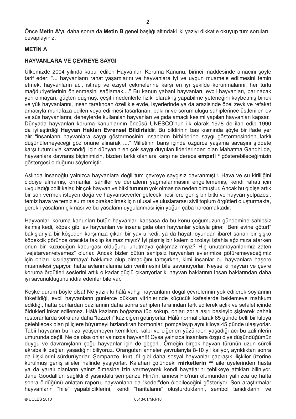 Cambridge IGCSE Turkish - First Language 0513 2010 May/June Paper 1 · Variant 1 question paper, page 2 of 8
