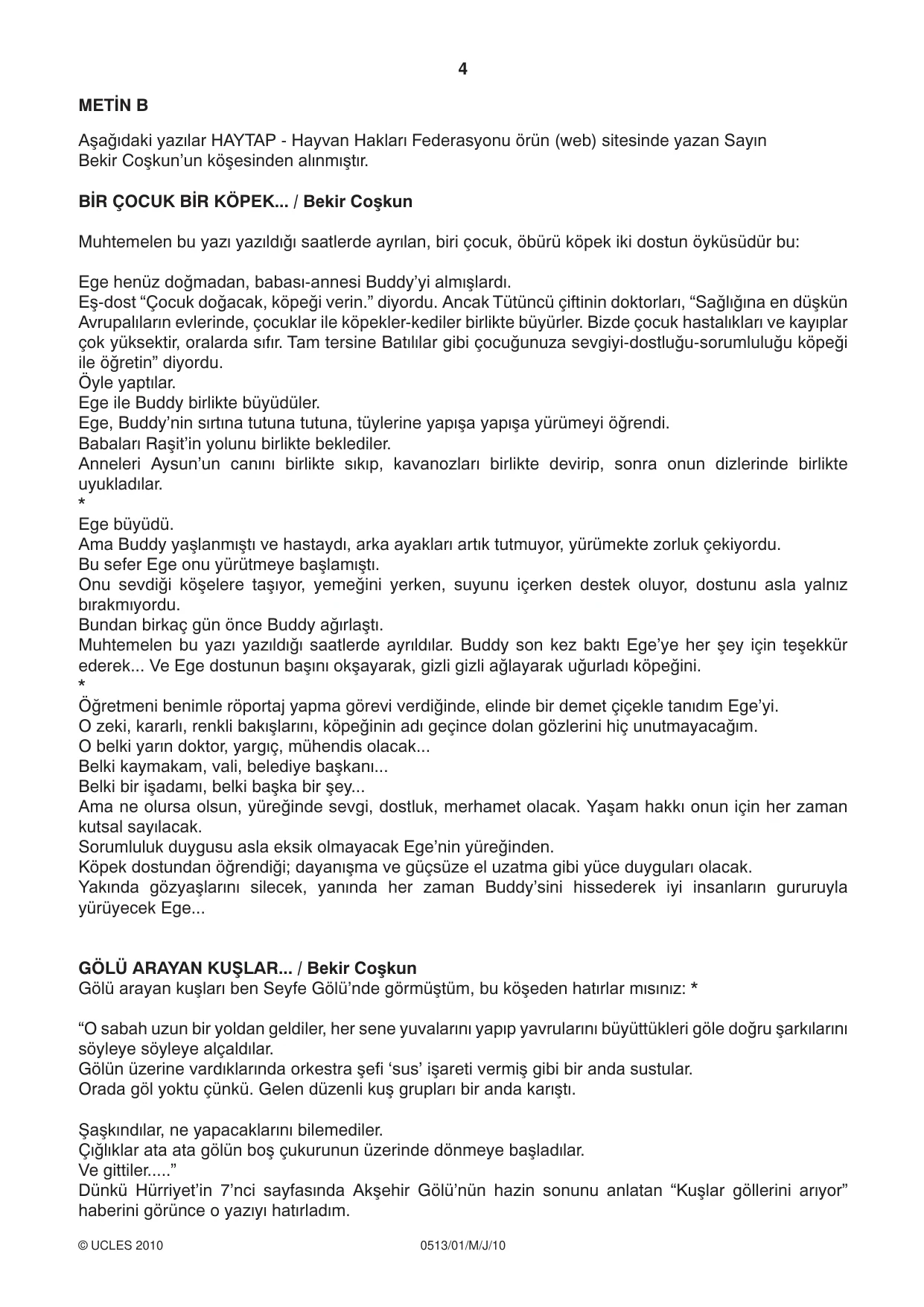 Cambridge IGCSE Turkish - First Language 0513 2010 May/June Paper 1 · Variant 1 question paper, page 4 of 8