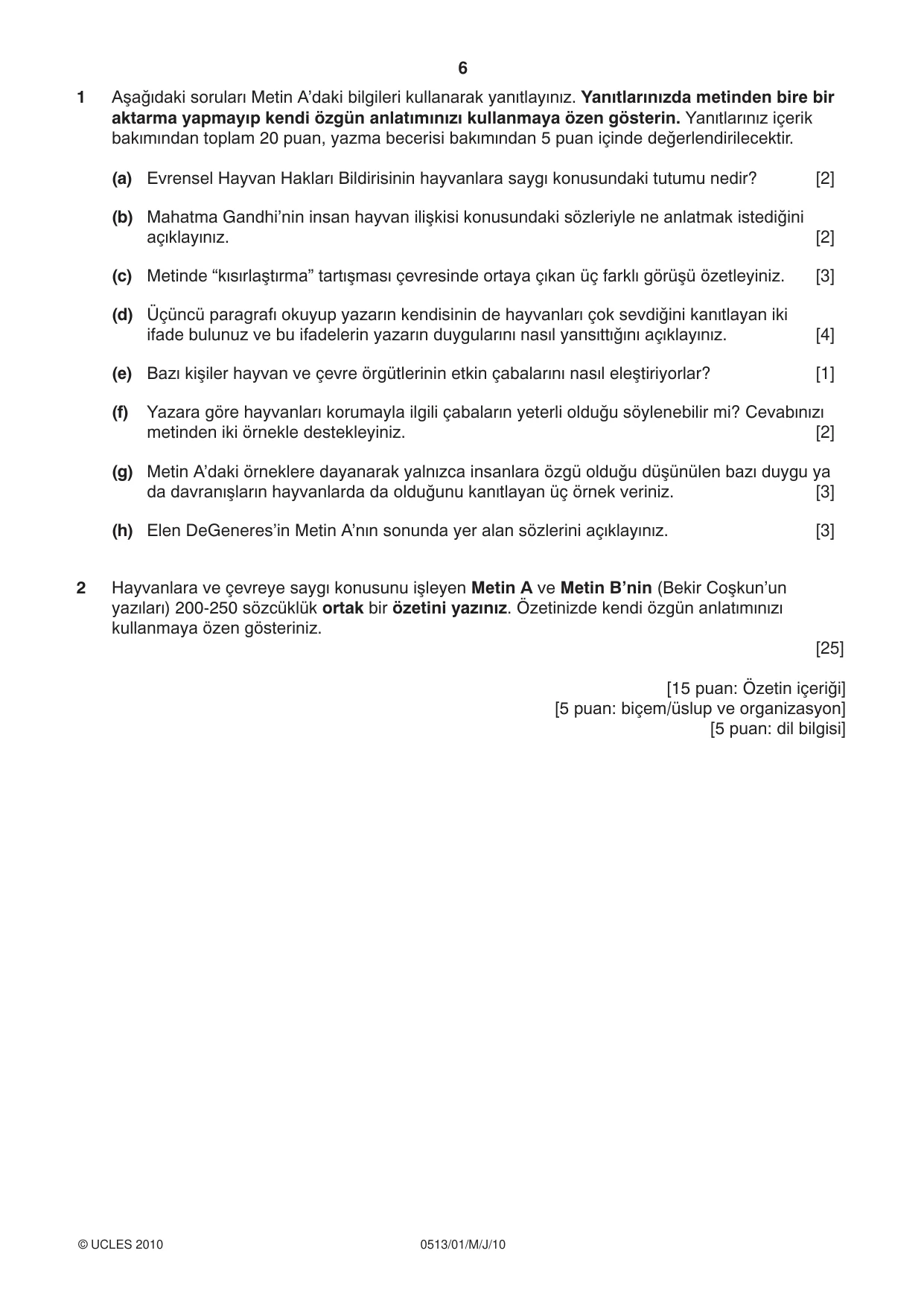 Cambridge IGCSE Turkish - First Language 0513 2010 May/June Paper 1 · Variant 1 question paper, page 6 of 8