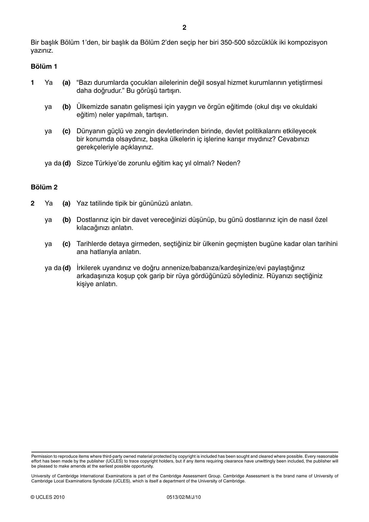 Cambridge IGCSE Turkish - First Language 0513 2010 May/June Paper 2 · Variant 1 question paper, page 2 of 2