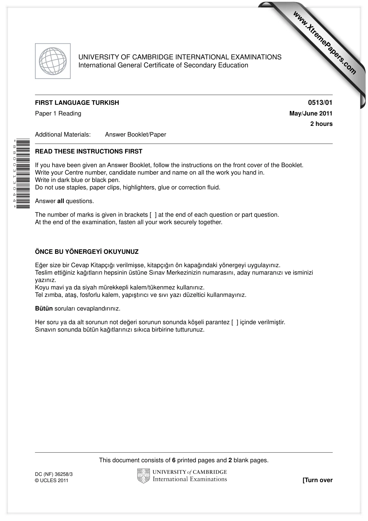 Cambridge IGCSE Turkish - First Language 0513 2011 May/June Paper 1 · Variant 1 question paper, page 1 of 8